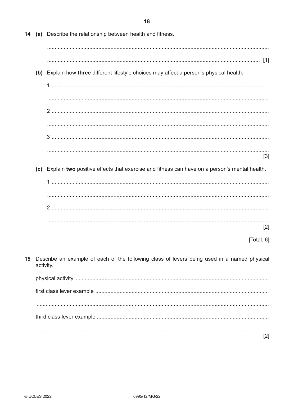 Cambridge IGCSE Physical Education (9-1) 0995 2022 May/June Paper 1 · Variant 2 question paper, page 18 of 20
