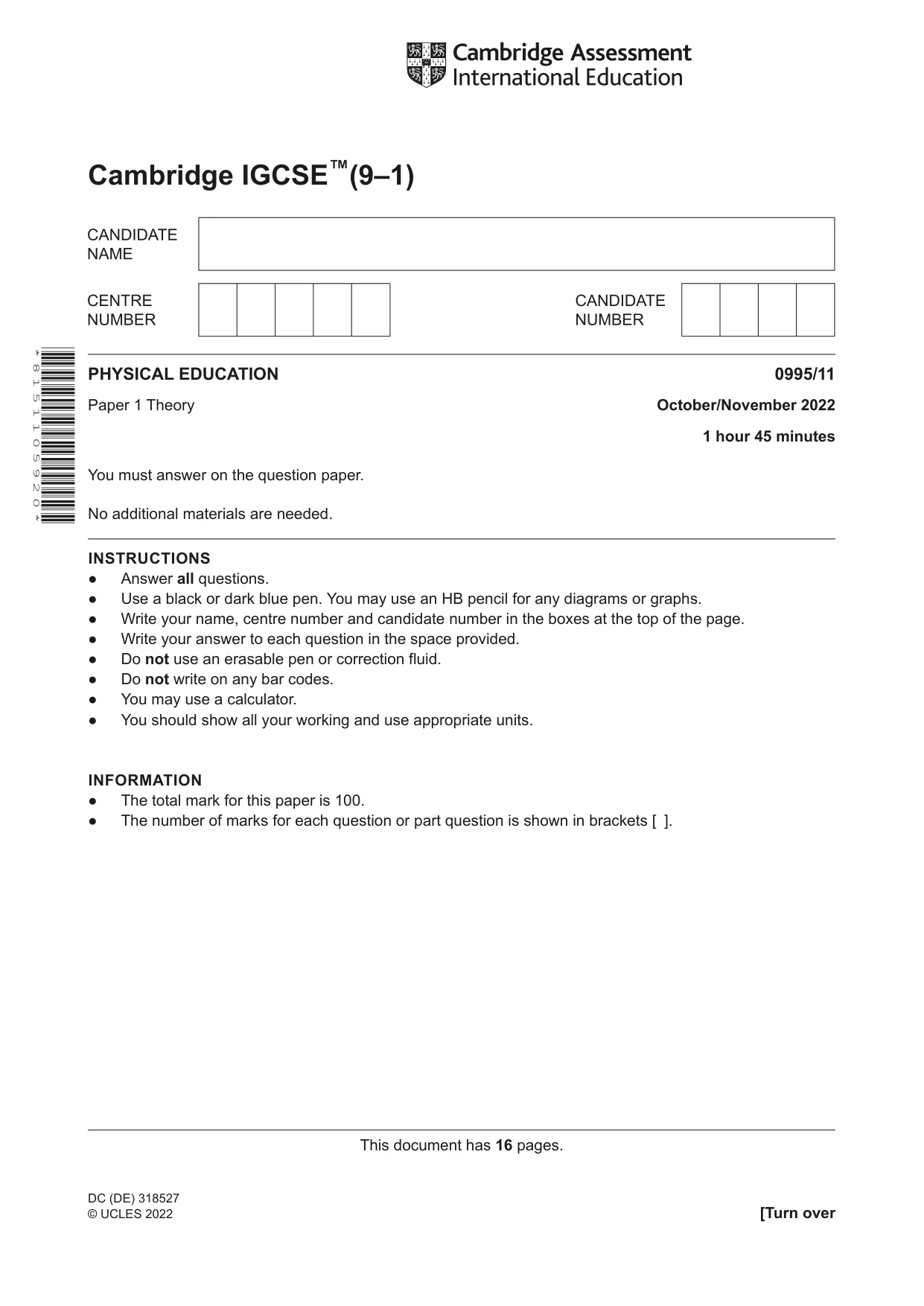 Cambridge IGCSE Physical Education (9-1) 0995 2022 Oct/Nov Paper 1 · Variant 1 question paper, page 1 of 16