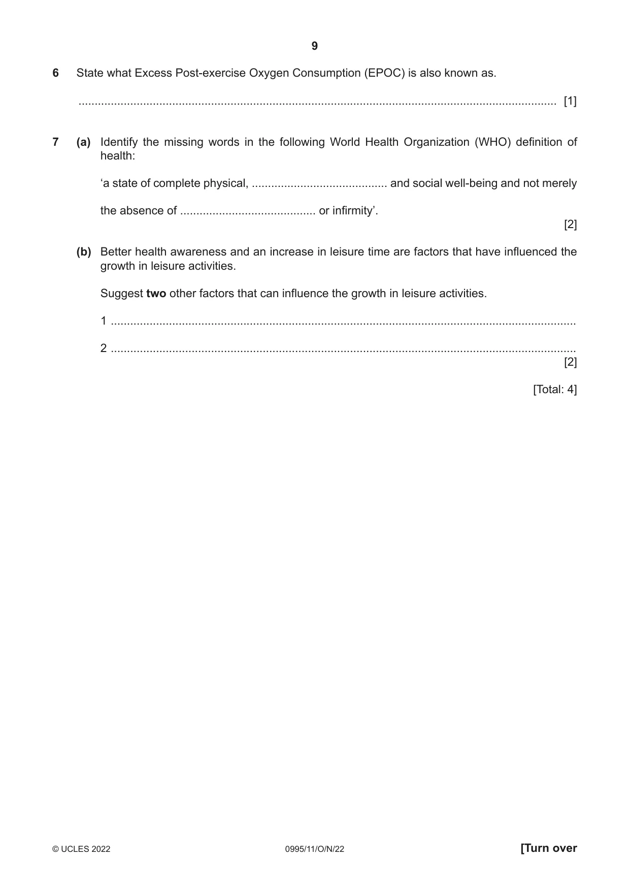 Cambridge IGCSE Physical Education (9-1) 0995 2022 Oct/Nov Paper 1 · Variant 1 question paper, page 9 of 16