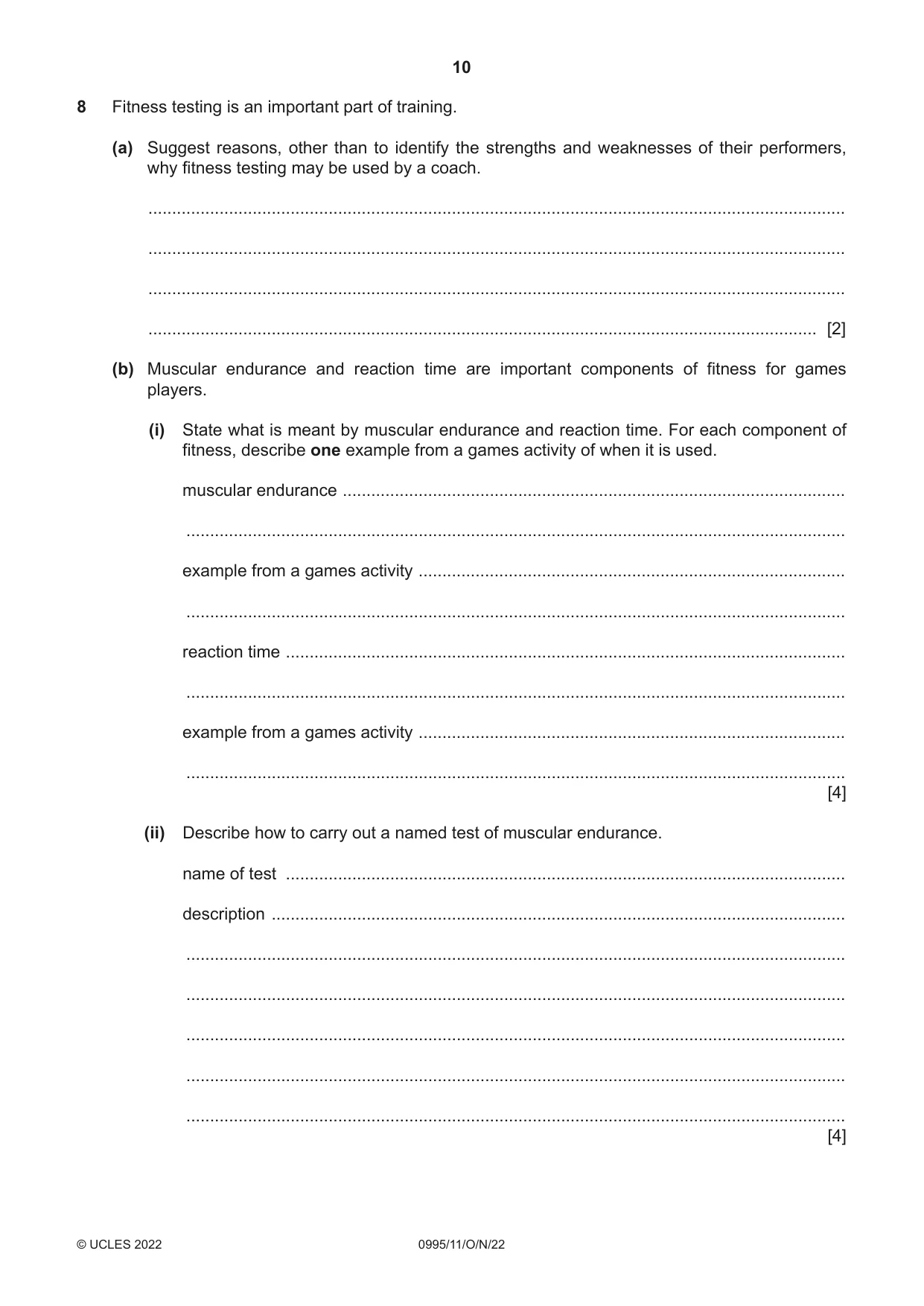 Cambridge IGCSE Physical Education (9-1) 0995 2022 Oct/Nov Paper 1 · Variant 1 question paper, page 10 of 16