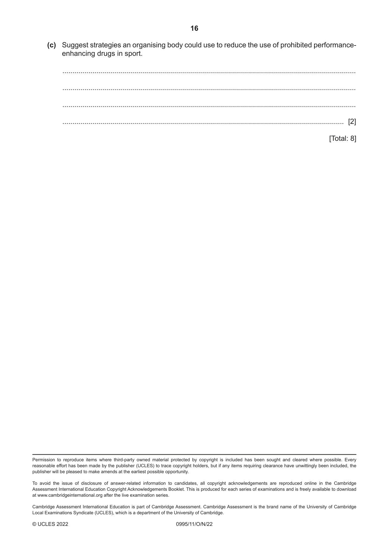 Cambridge IGCSE Physical Education (9-1) 0995 2022 Oct/Nov Paper 1 · Variant 1 question paper, page 16 of 16