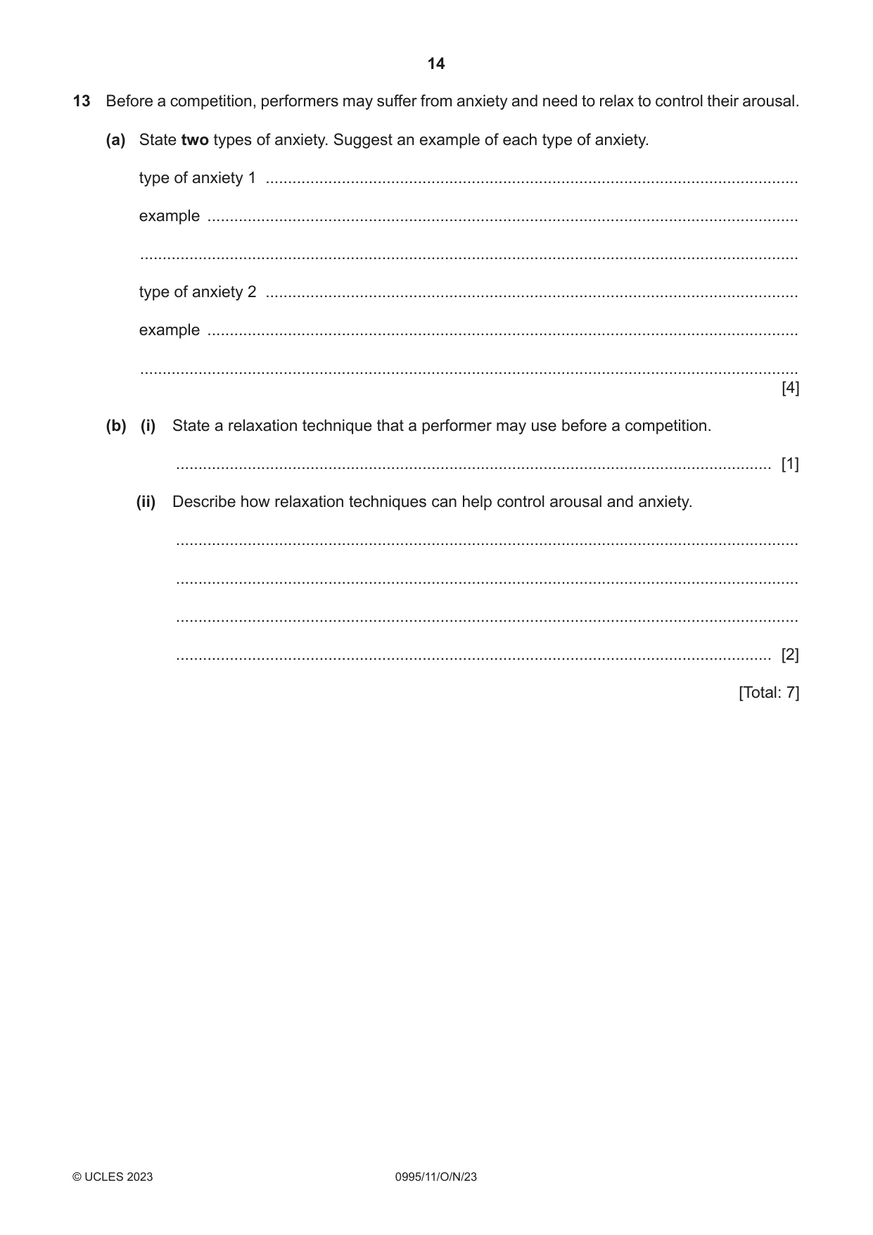 Cambridge IGCSE Physical Education (9-1) 0995 2023 Oct/Nov Paper 1 · Variant 1 question paper, page 14 of 16