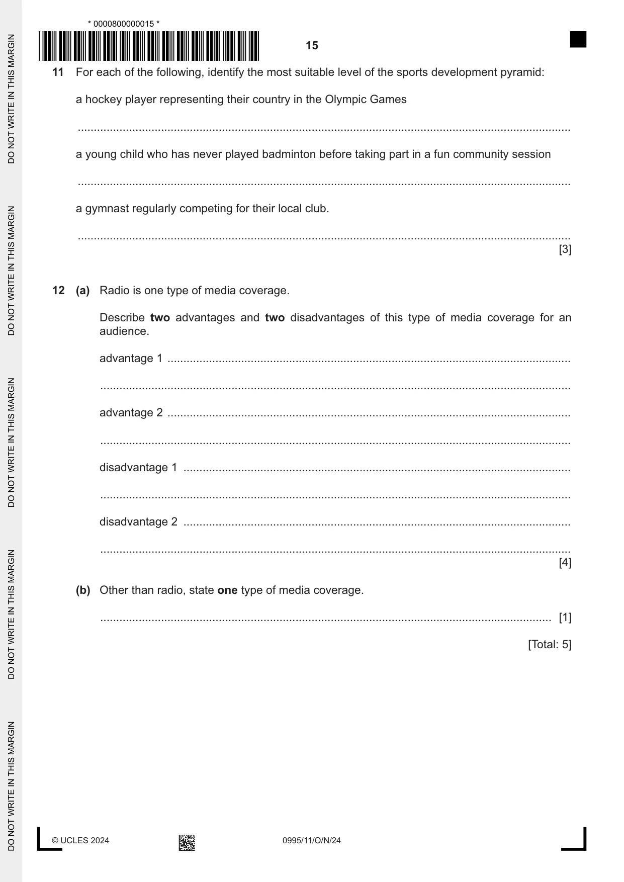 Cambridge IGCSE Physical Education (9-1) 0995 2024 Oct/Nov Paper 1 · Variant 1 question paper, page 15 of 16