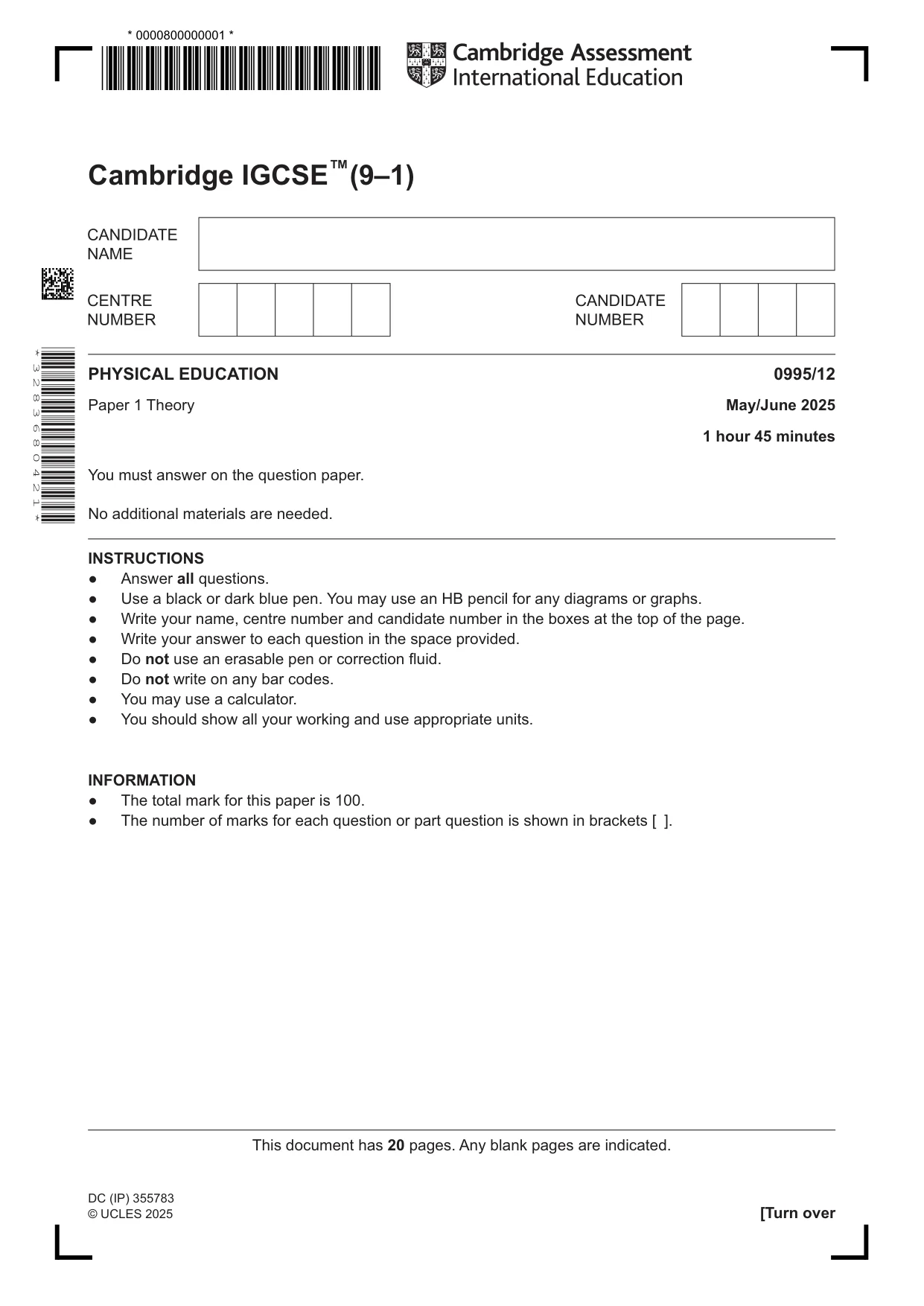 Cambridge IGCSE Physical Education (9-1) 0995 2025 May/June Paper 1 · Variant 2 question paper, page 1 of 20