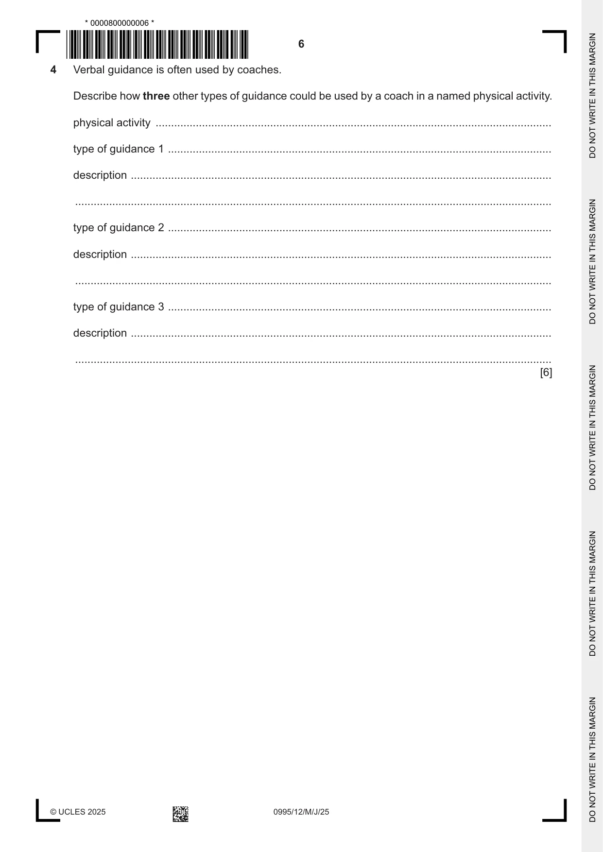 Cambridge IGCSE Physical Education (9-1) 0995 2025 May/June Paper 1 · Variant 2 question paper, page 6 of 20