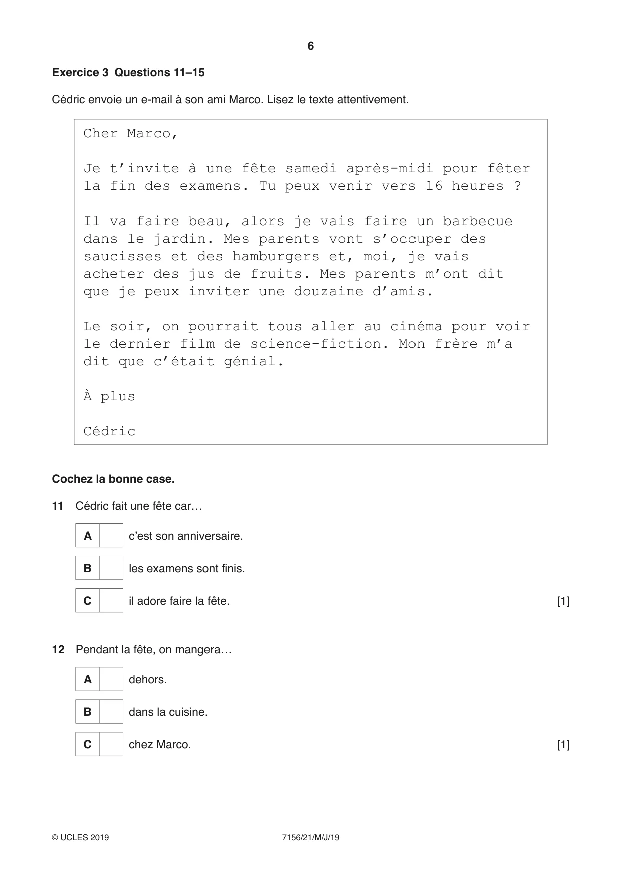 Cambridge IGCSE French (9-1) 7156 2019 May/June Paper 2 · Variant 1 question paper, page 6 of 16