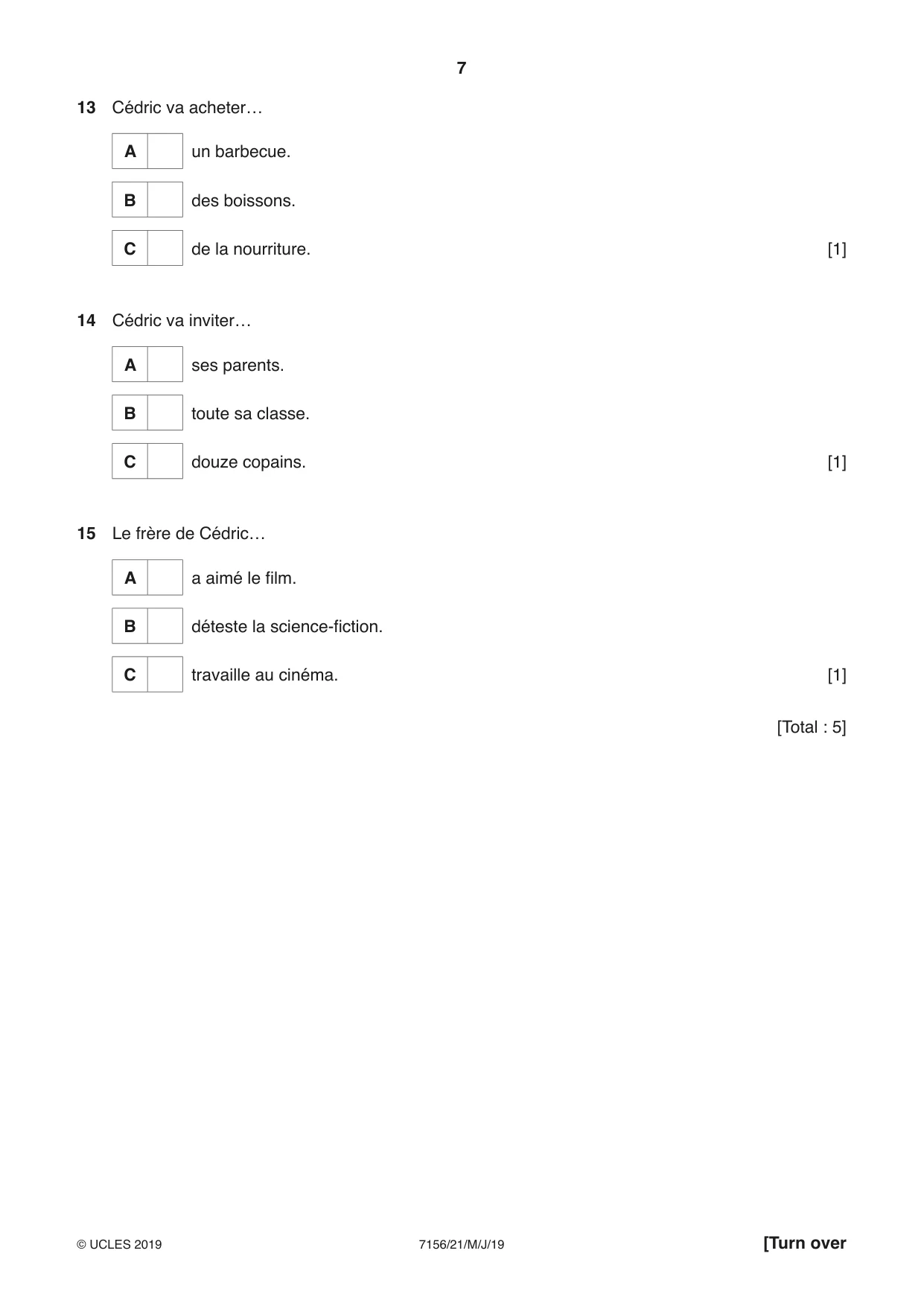Cambridge IGCSE French (9-1) 7156 2019 May/June Paper 2 · Variant 1 question paper, page 7 of 16