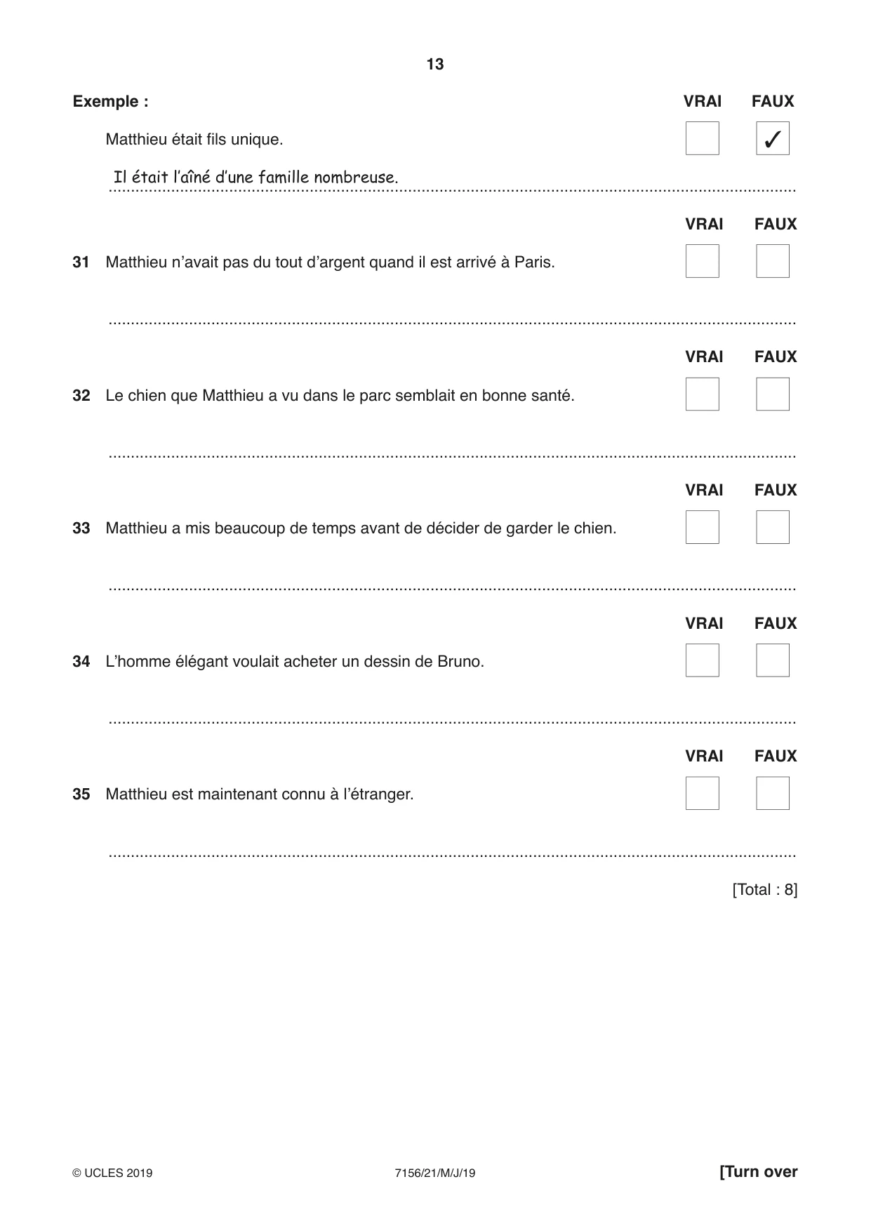 Cambridge IGCSE French (9-1) 7156 2019 May/June Paper 2 · Variant 1 question paper, page 13 of 16