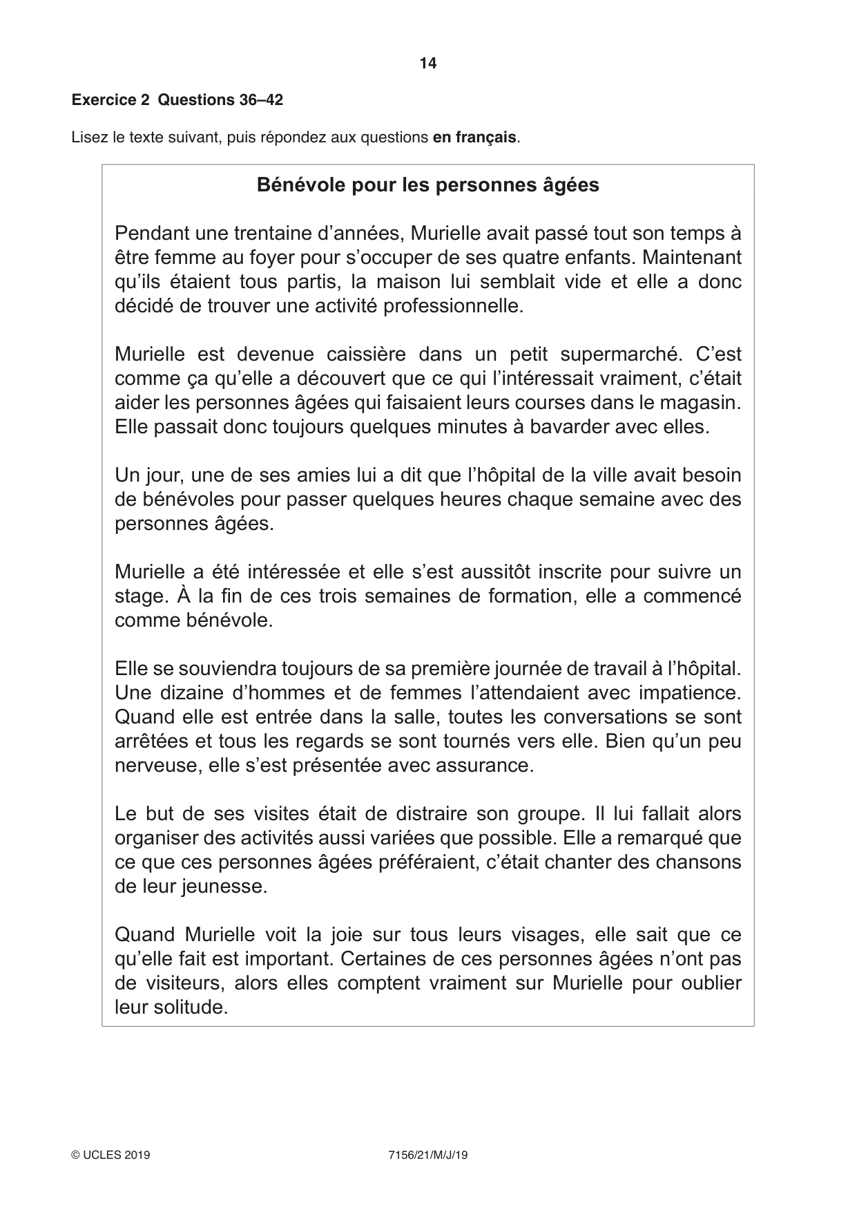 Cambridge IGCSE French (9-1) 7156 2019 May/June Paper 2 · Variant 1 question paper, page 14 of 16