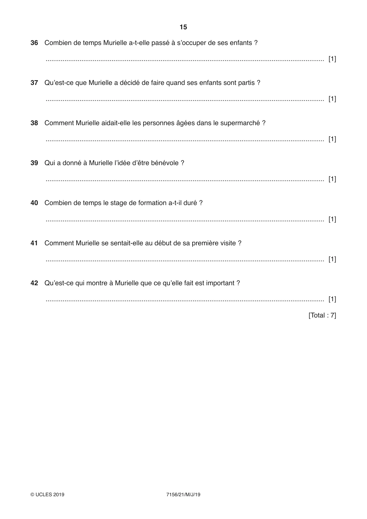 Cambridge IGCSE French (9-1) 7156 2019 May/June Paper 2 · Variant 1 question paper, page 15 of 16