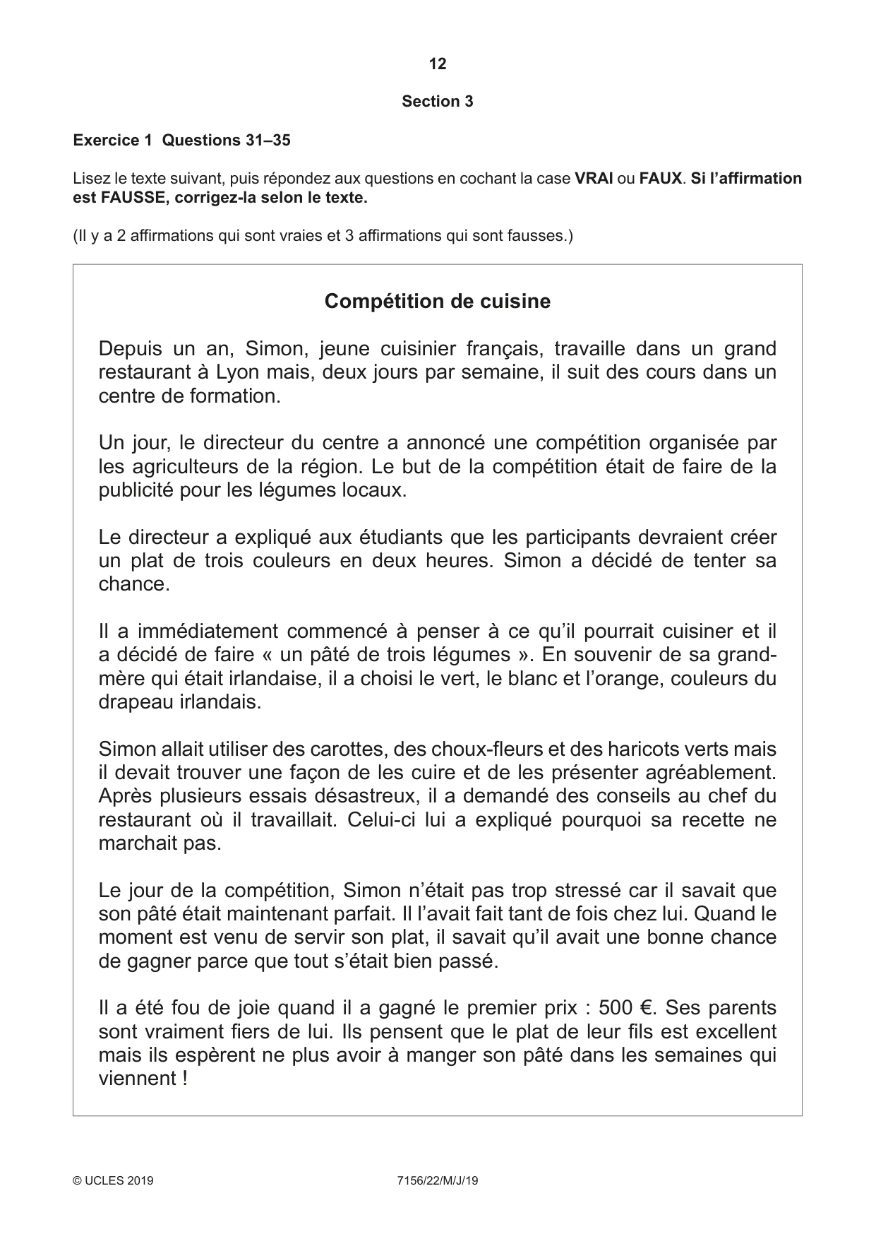 Cambridge IGCSE French (9-1) 7156 2019 May/June Paper 2 · Variant 2 question paper, page 12 of 16