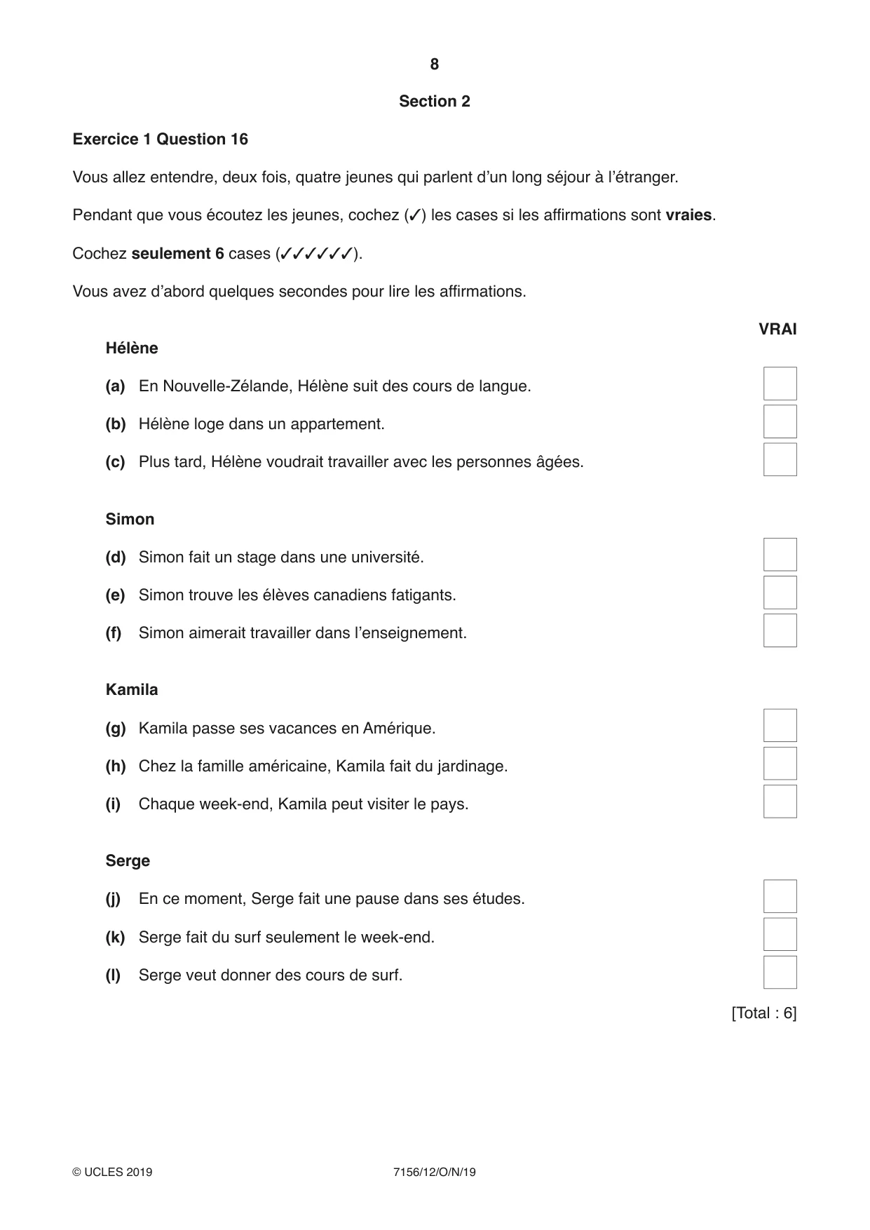 Cambridge IGCSE French (9-1) 7156 2019 Oct/Nov Paper 1 · Variant 2 question paper, page 8 of 12