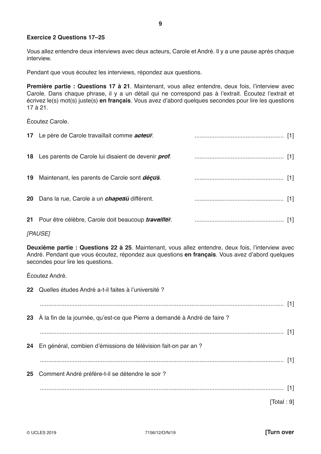 Cambridge IGCSE French (9-1) 7156 2019 Oct/Nov Paper 1 · Variant 2 question paper, page 9 of 12