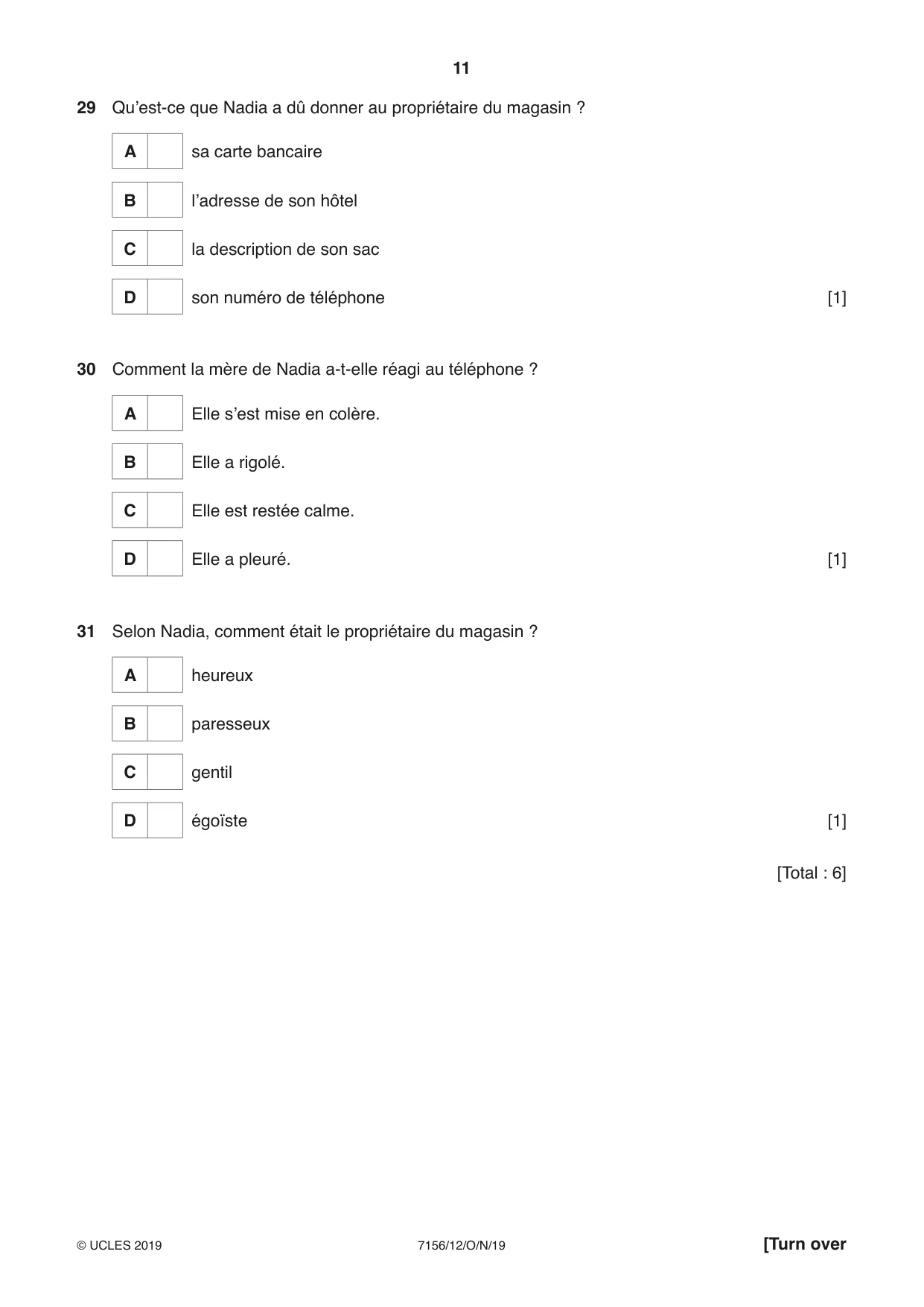 Cambridge IGCSE French (9-1) 7156 2019 Oct/Nov Paper 1 · Variant 2 question paper, page 11 of 12