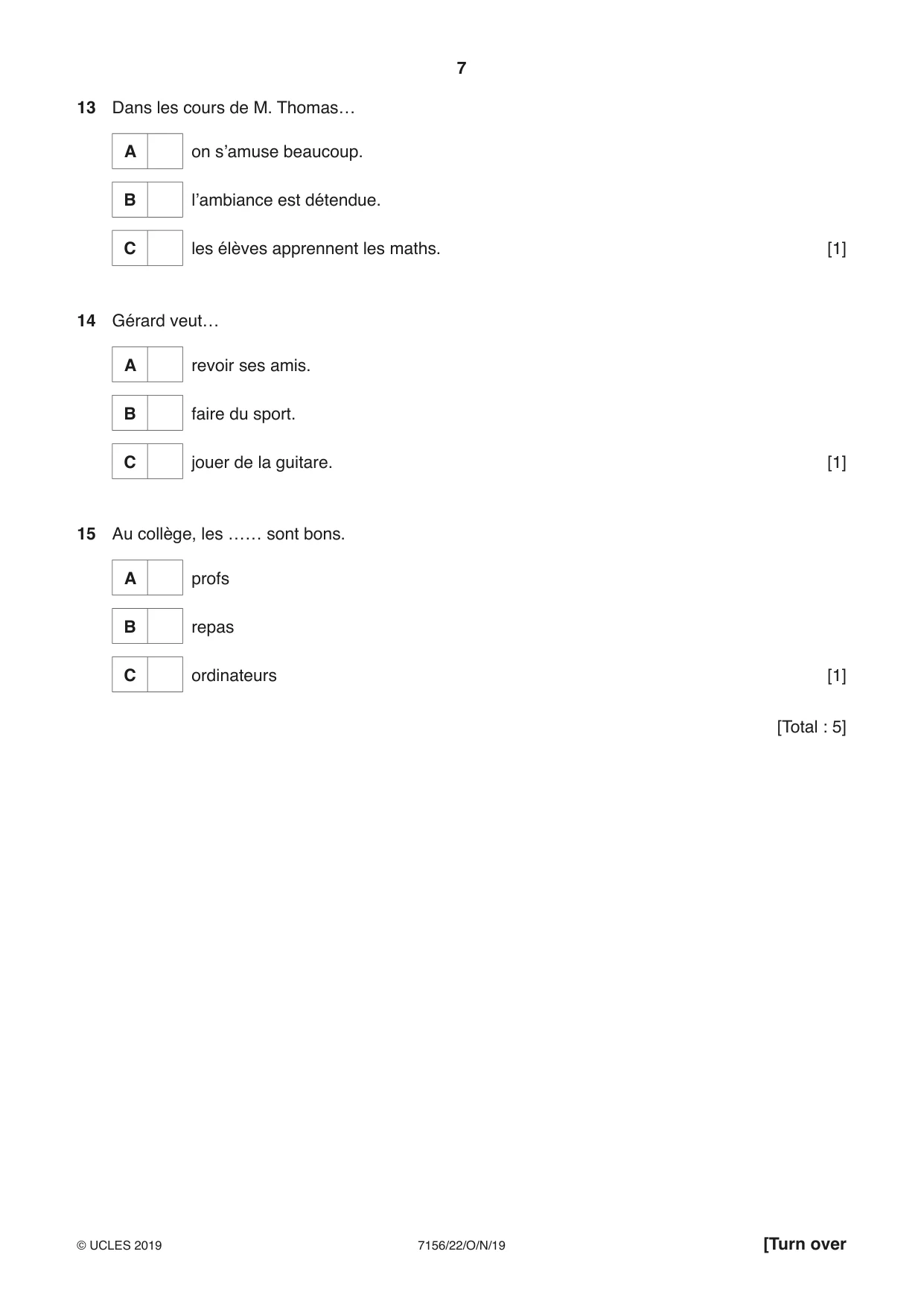 Cambridge IGCSE French (9-1) 7156 2019 Oct/Nov Paper 2 · Variant 2 question paper, page 7 of 16