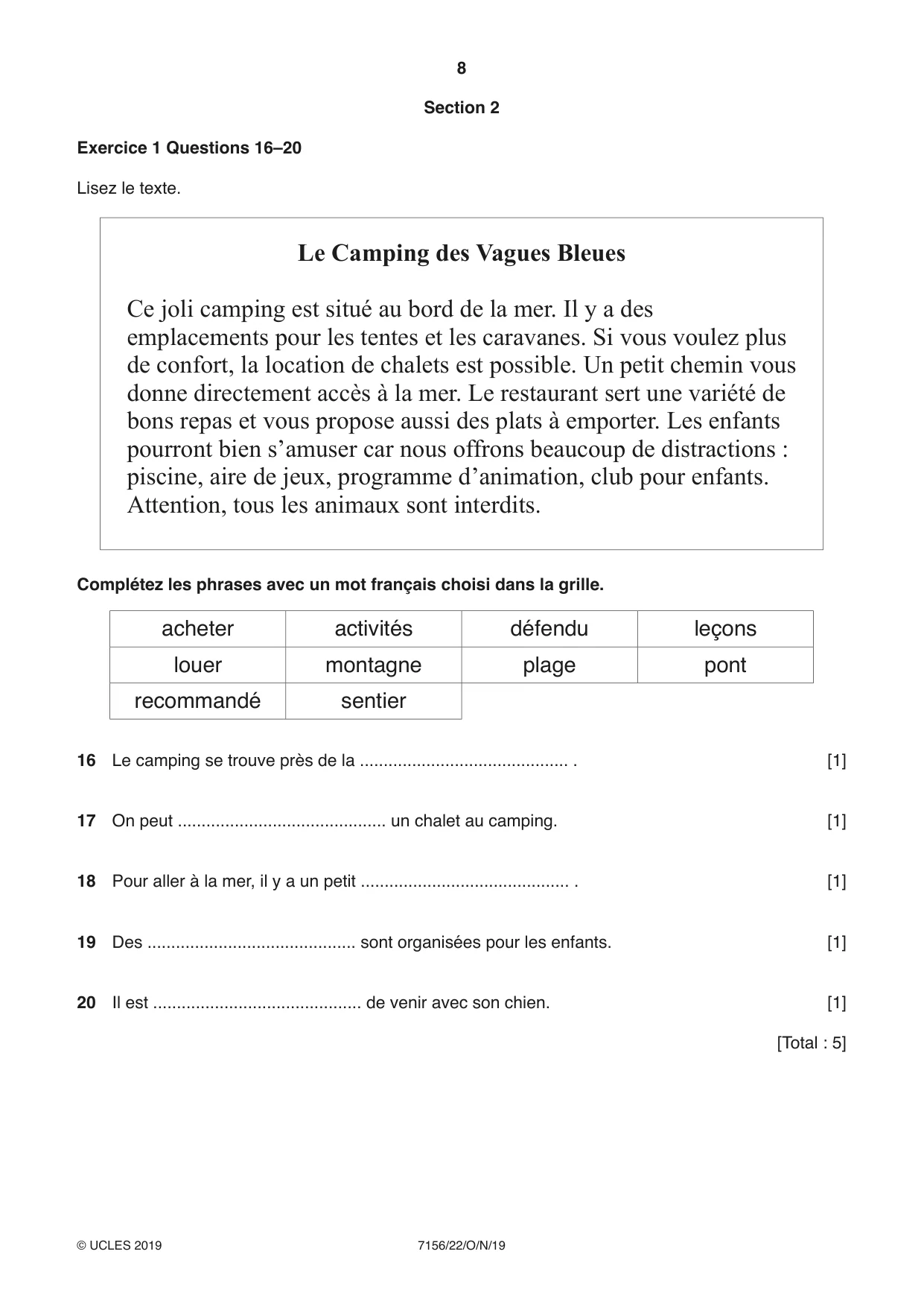 Cambridge IGCSE French (9-1) 7156 2019 Oct/Nov Paper 2 · Variant 2 question paper, page 8 of 16