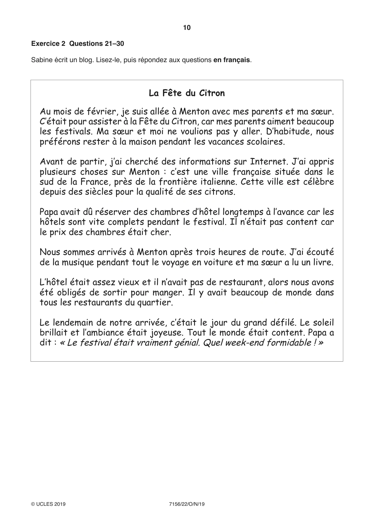 Cambridge IGCSE French (9-1) 7156 2019 Oct/Nov Paper 2 · Variant 2 question paper, page 10 of 16