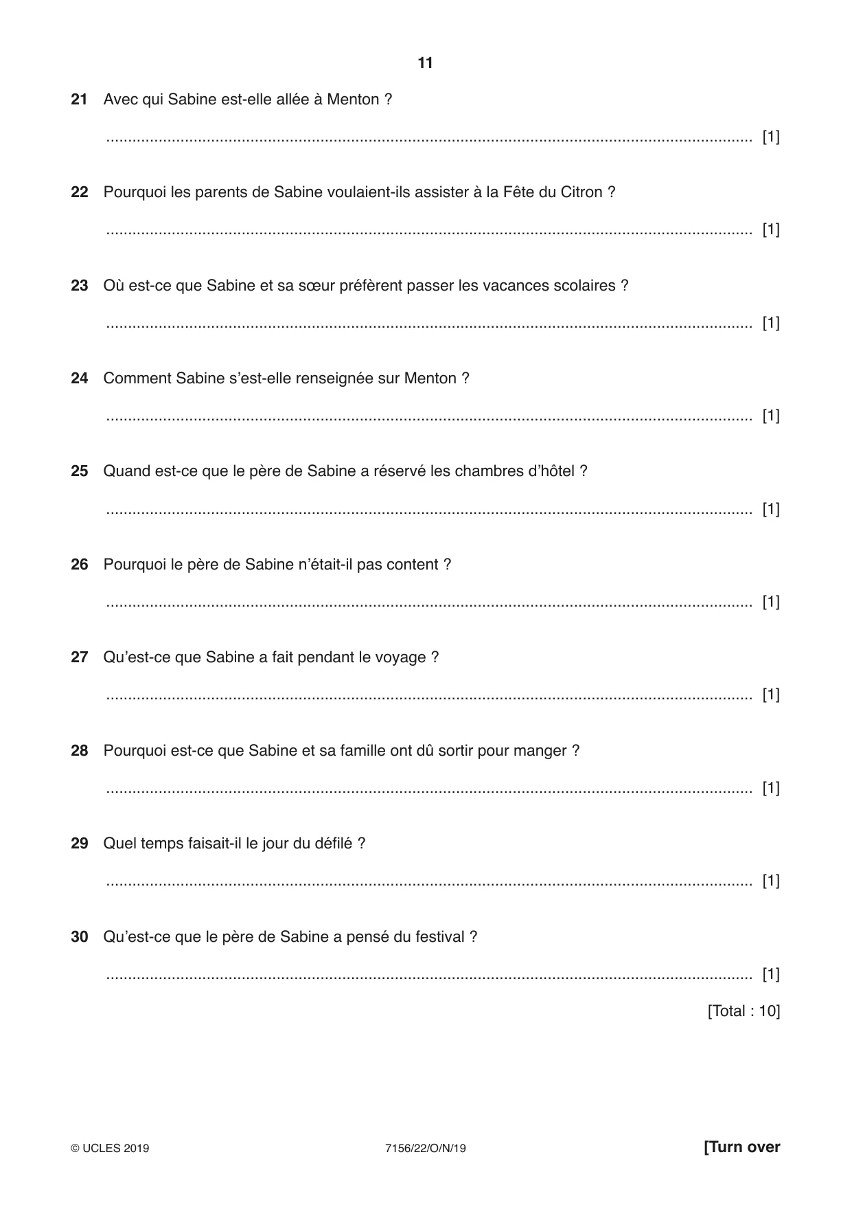Cambridge IGCSE French (9-1) 7156 2019 Oct/Nov Paper 2 · Variant 2 question paper, page 11 of 16