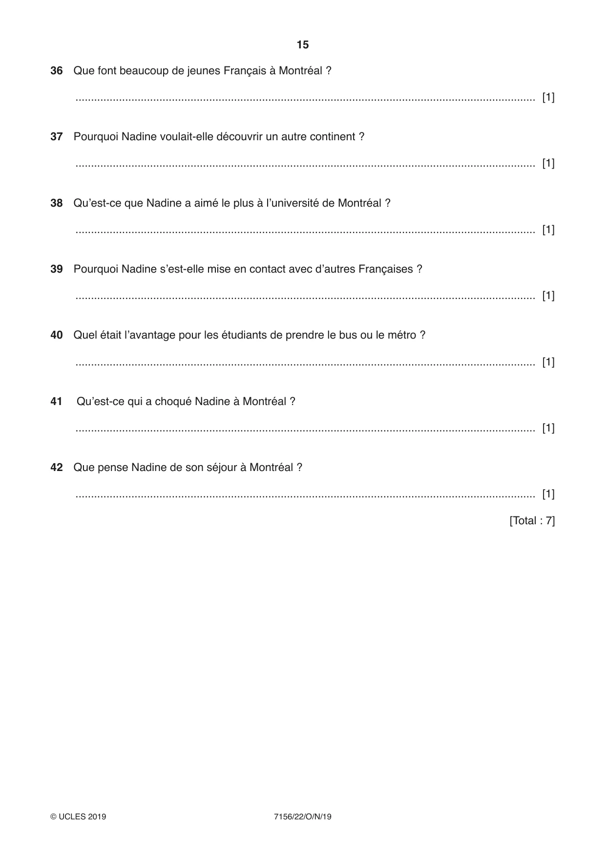 Cambridge IGCSE French (9-1) 7156 2019 Oct/Nov Paper 2 · Variant 2 question paper, page 15 of 16