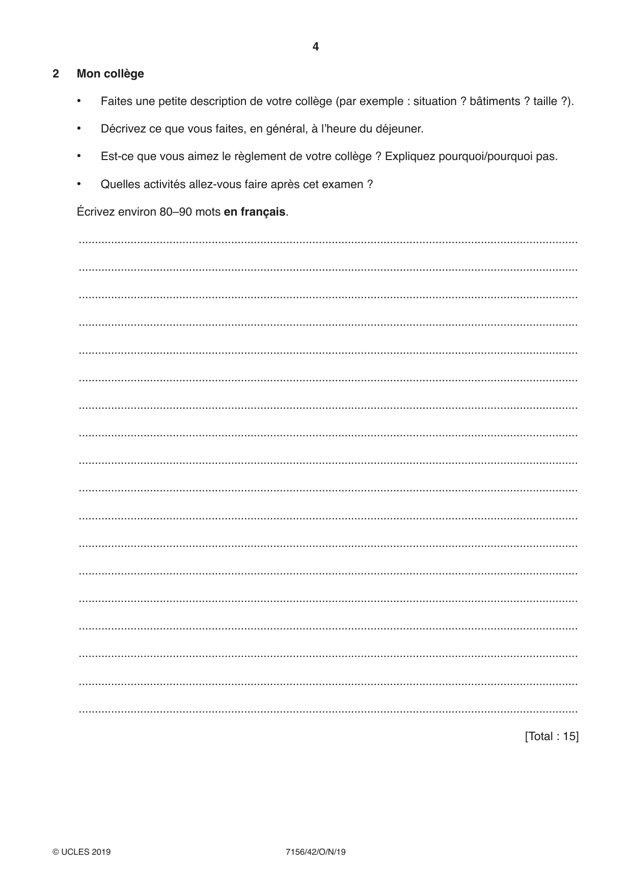 Cambridge IGCSE French (9-1) 7156 2019 Oct/Nov Paper 4 · Variant 2 question paper, page 4 of 8