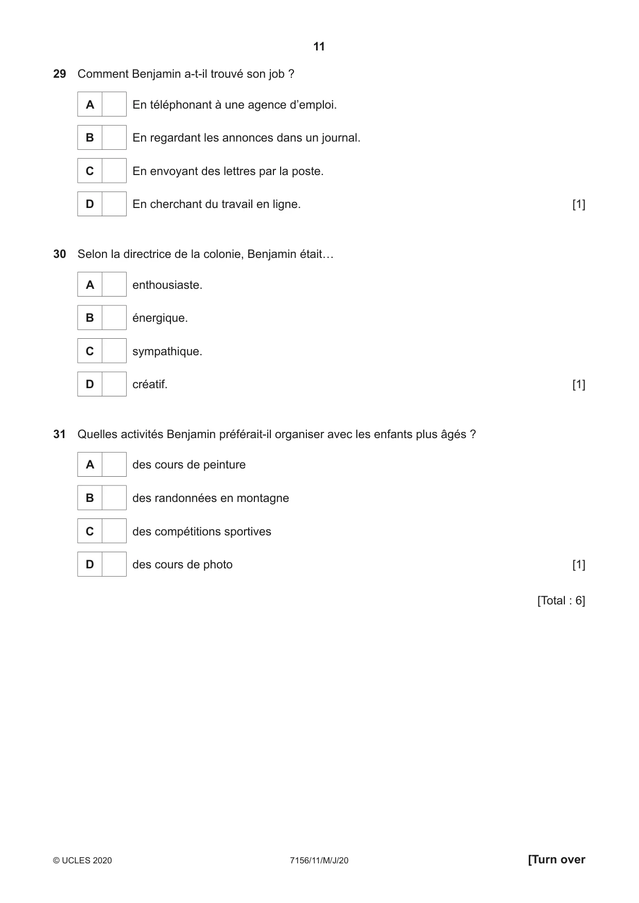 Cambridge IGCSE French (9-1) 7156 2020 May/June Paper 1 · Variant 1 question paper, page 11 of 12