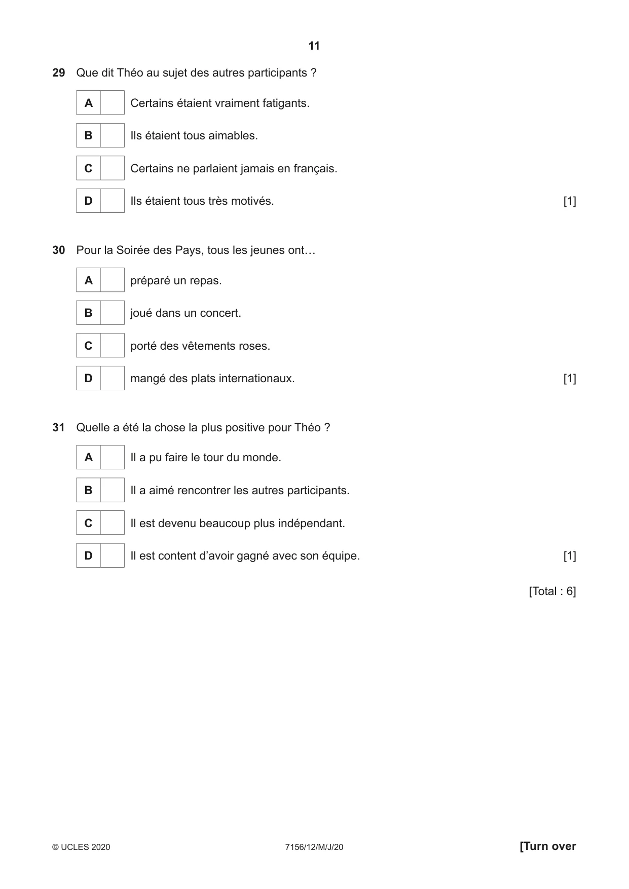 Cambridge IGCSE French (9-1) 7156 2020 May/June Paper 1 · Variant 2 question paper, page 11 of 12