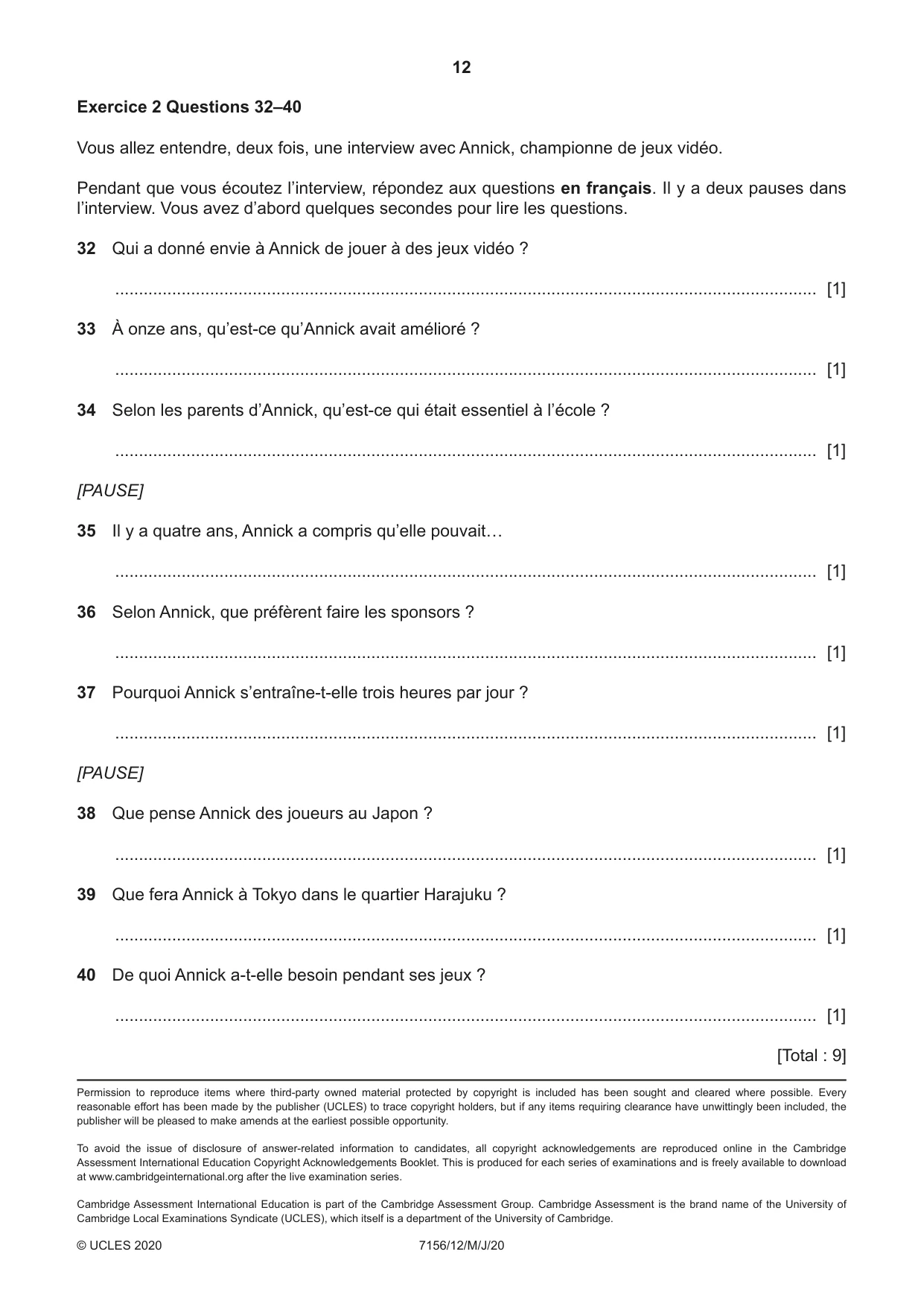 Cambridge IGCSE French (9-1) 7156 2020 May/June Paper 1 · Variant 2 question paper, page 12 of 12