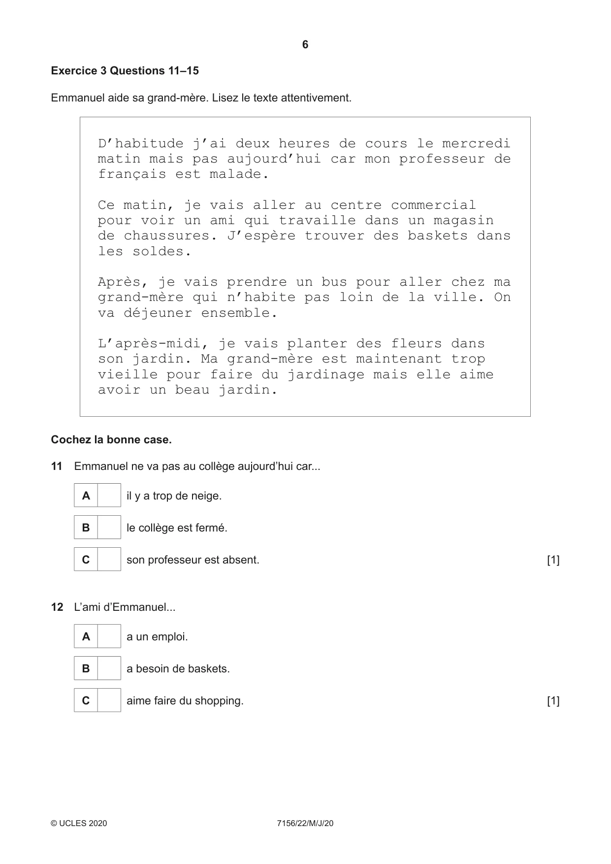 Cambridge IGCSE French (9-1) 7156 2020 May/June Paper 2 · Variant 2 question paper, page 6 of 16