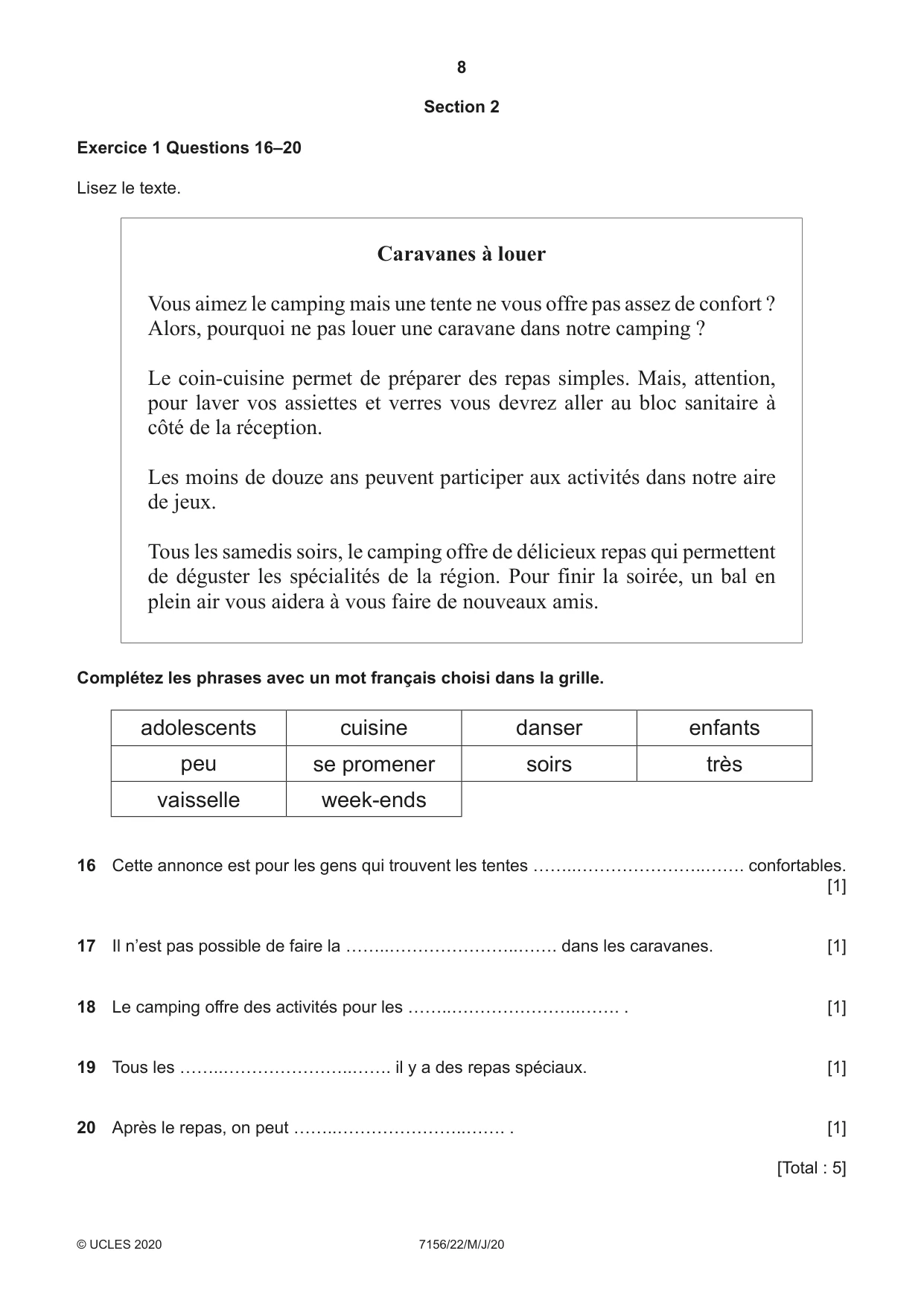 Cambridge IGCSE French (9-1) 7156 2020 May/June Paper 2 · Variant 2 question paper, page 8 of 16