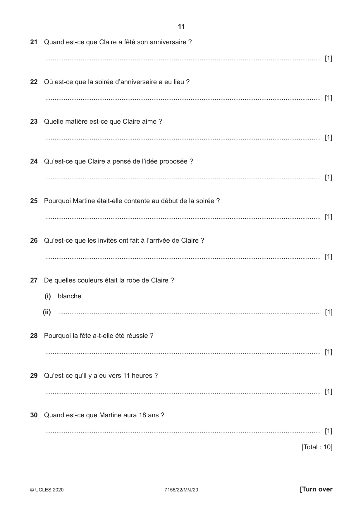 Cambridge IGCSE French (9-1) 7156 2020 May/June Paper 2 · Variant 2 question paper, page 11 of 16