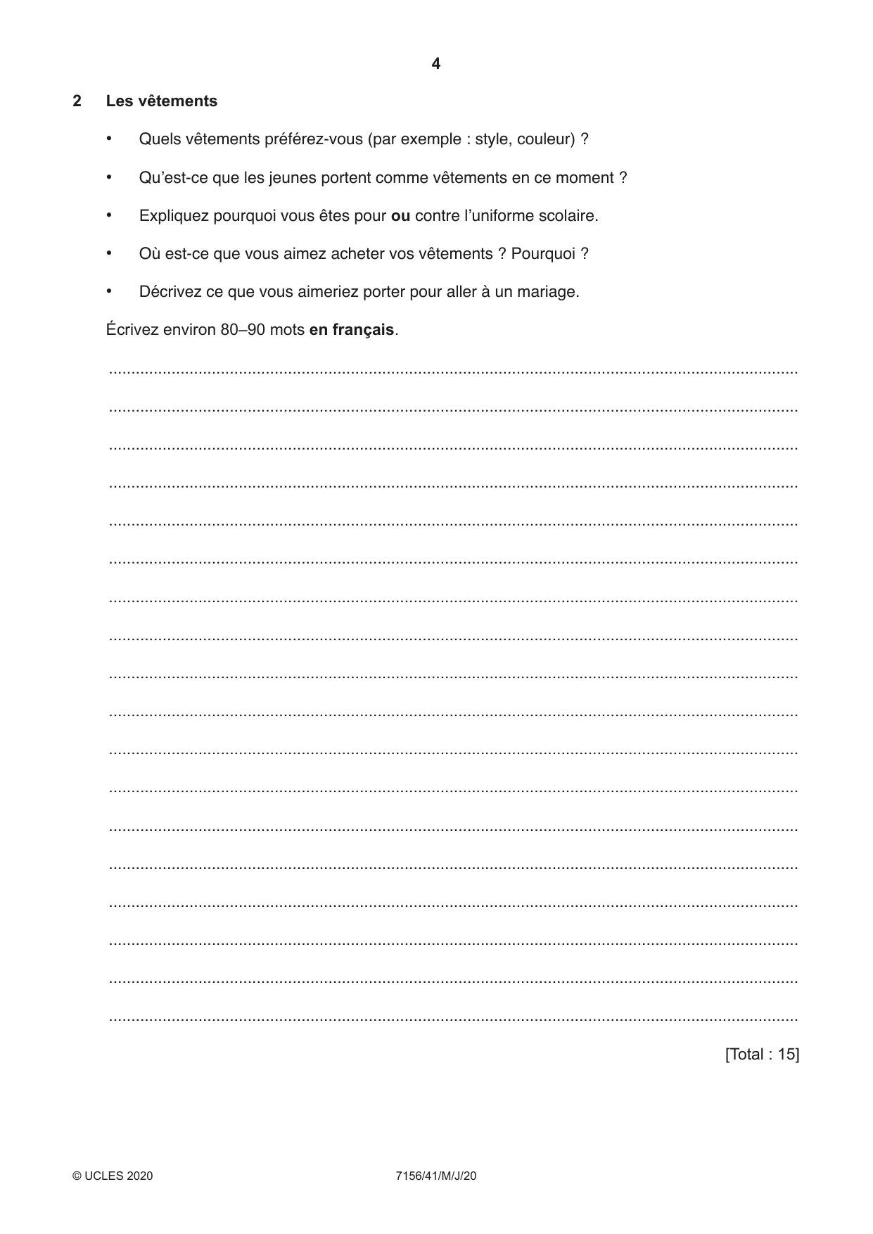 Cambridge IGCSE French (9-1) 7156 2020 May/June Paper 4 · Variant 1 question paper, page 4 of 8