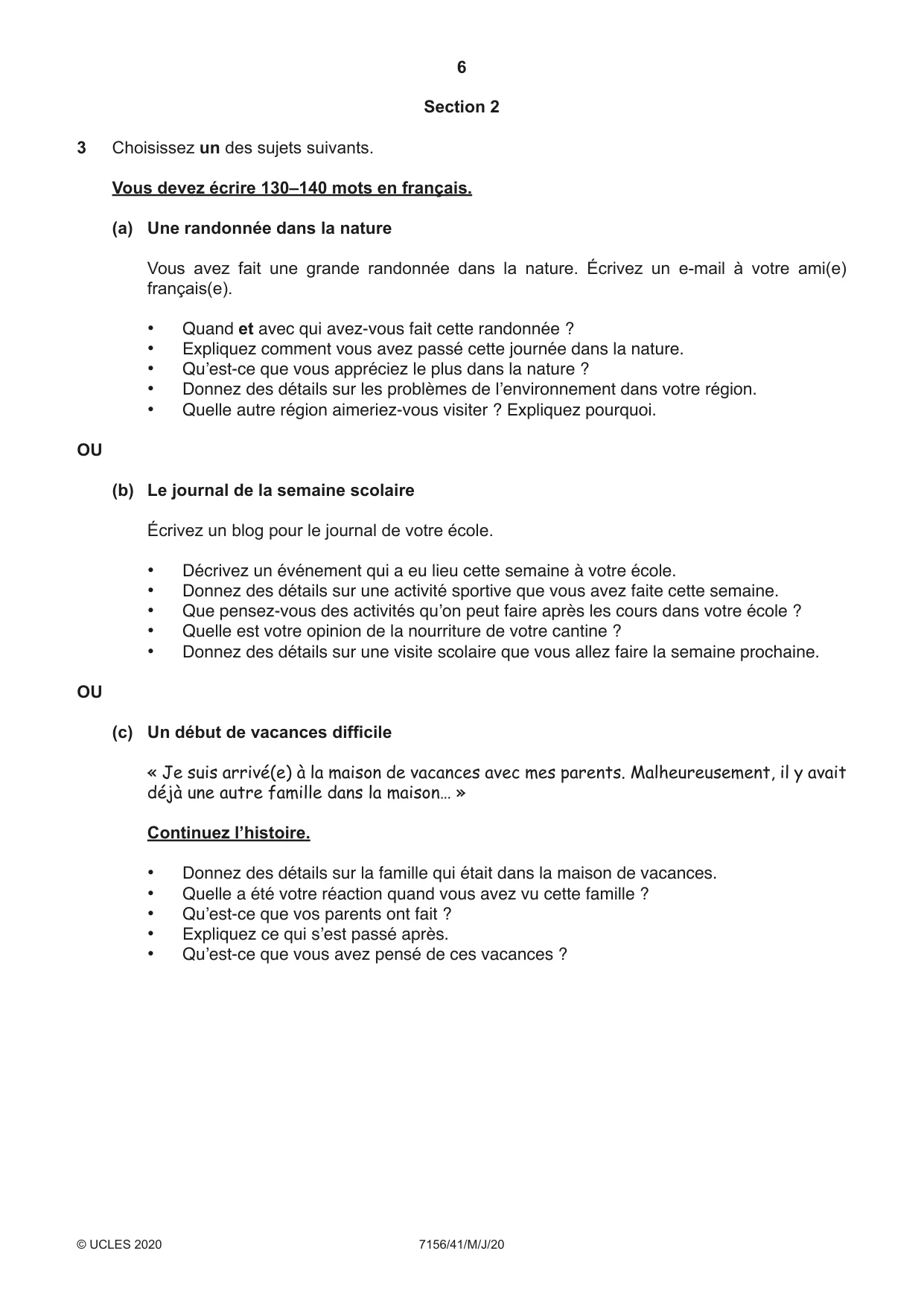 Cambridge IGCSE French (9-1) 7156 2020 May/June Paper 4 · Variant 1 question paper, page 6 of 8