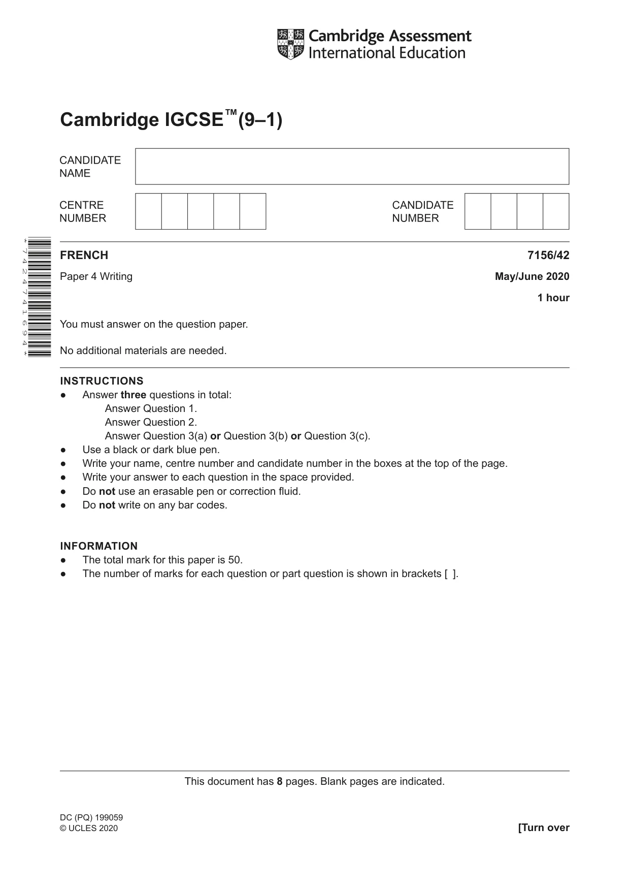 Cambridge IGCSE French (9-1) 7156 2020 May/June Paper 4 · Variant 2 question paper, page 1 of 8