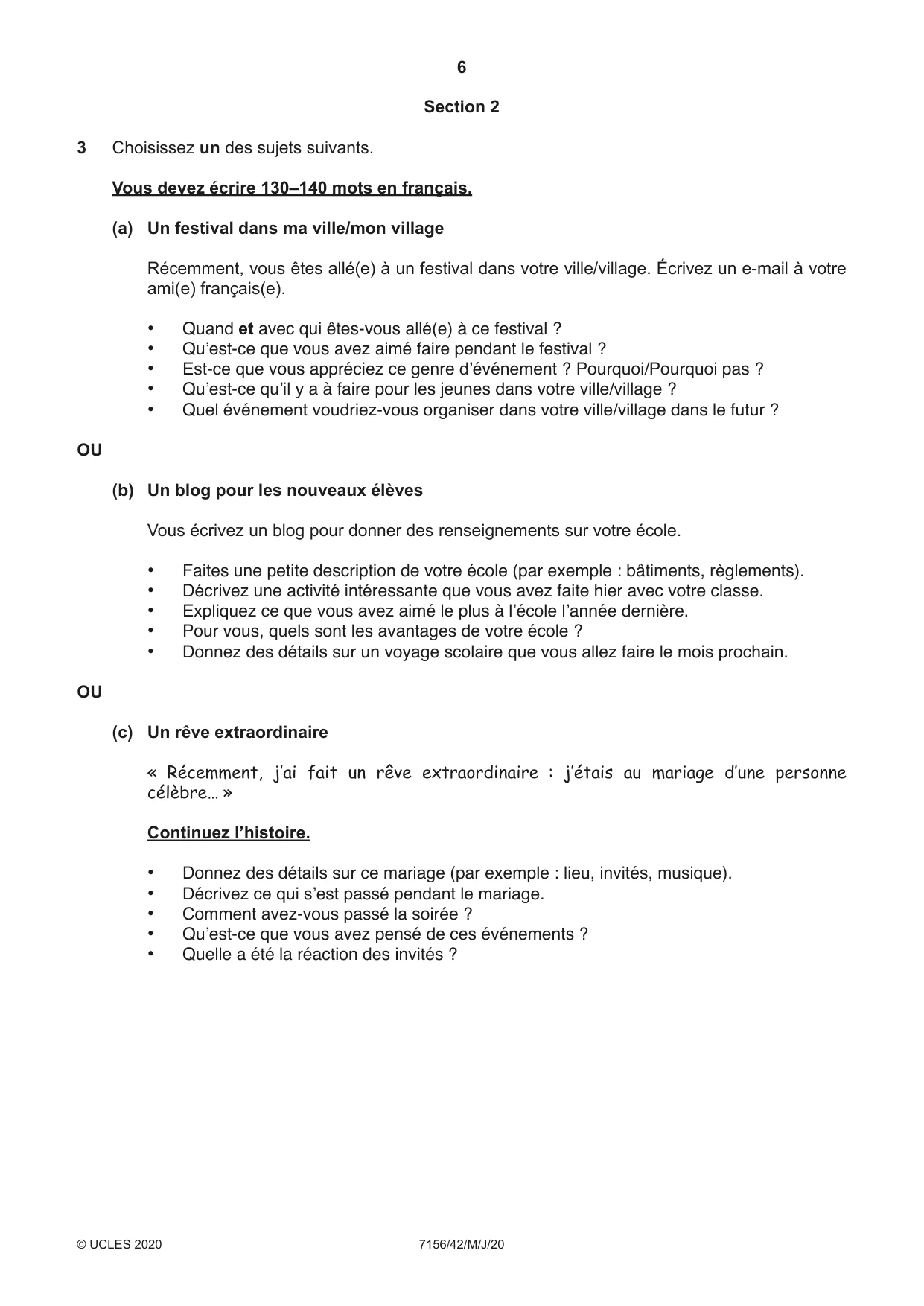 Cambridge IGCSE French (9-1) 7156 2020 May/June Paper 4 · Variant 2 question paper, page 6 of 8