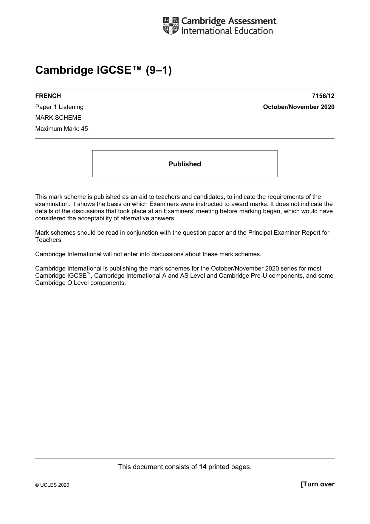 Mark scheme, page 1 of 14
