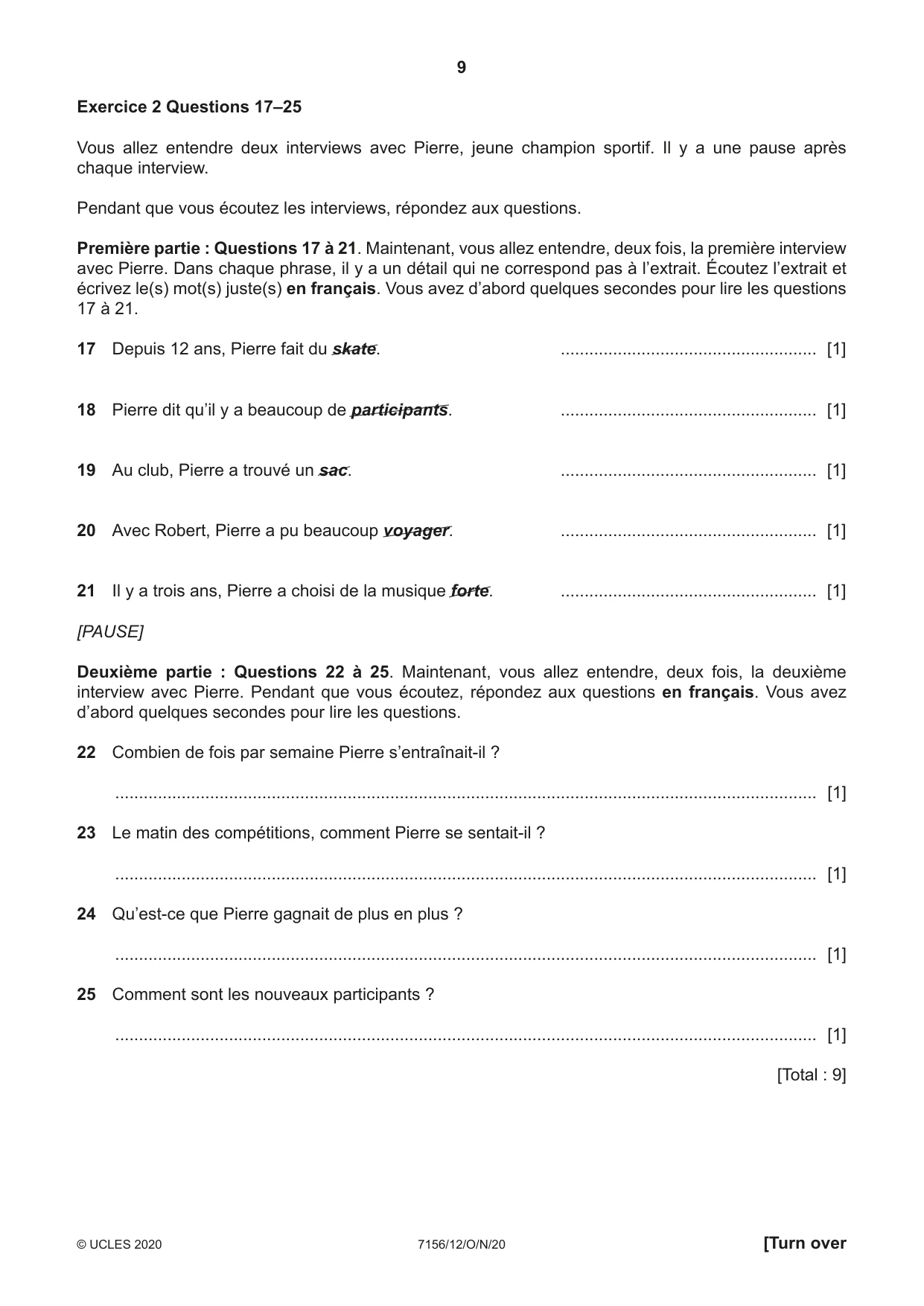Cambridge IGCSE French (9-1) 7156 2020 Oct/Nov Paper 1 · Variant 2 question paper, page 9 of 12