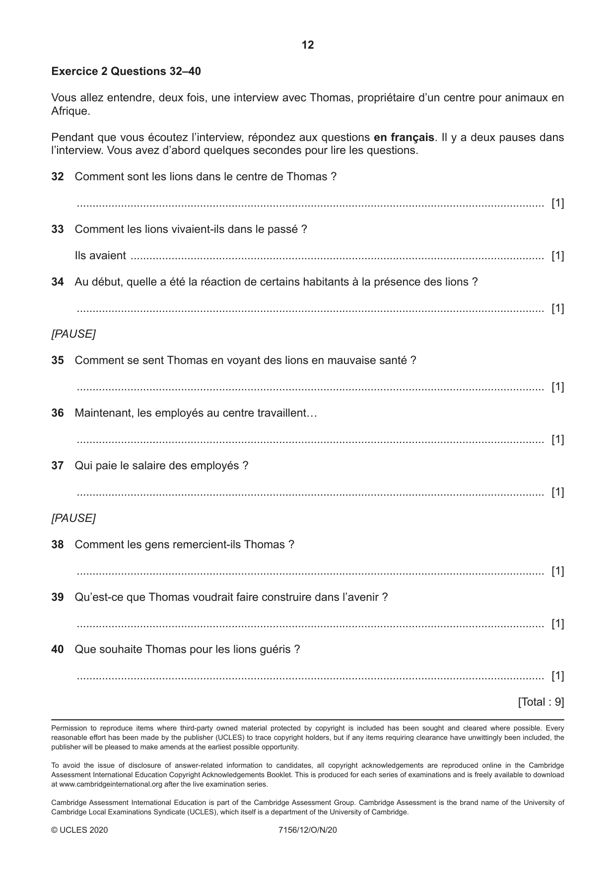 Cambridge IGCSE French (9-1) 7156 2020 Oct/Nov Paper 1 · Variant 2 question paper, page 12 of 12