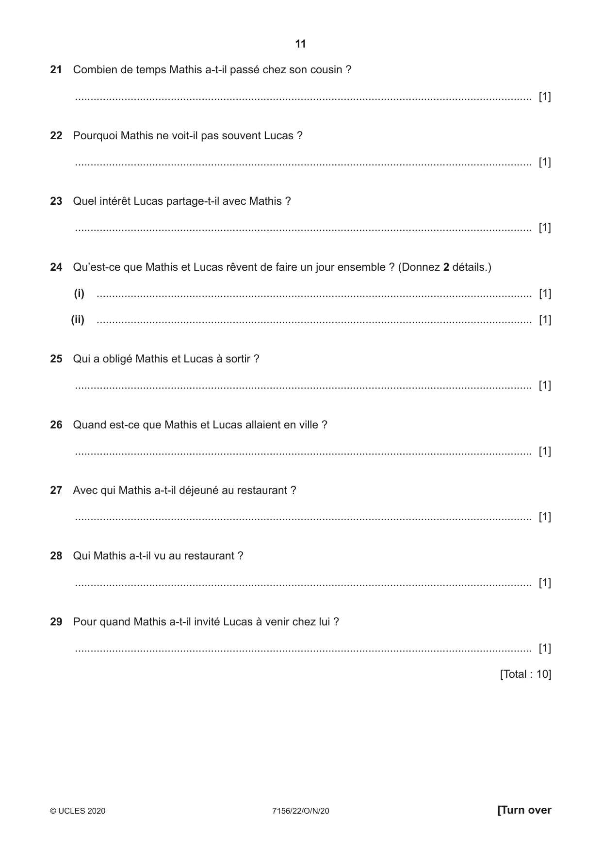 Cambridge IGCSE French (9-1) 7156 2020 Oct/Nov Paper 2 · Variant 2 question paper, page 11 of 16