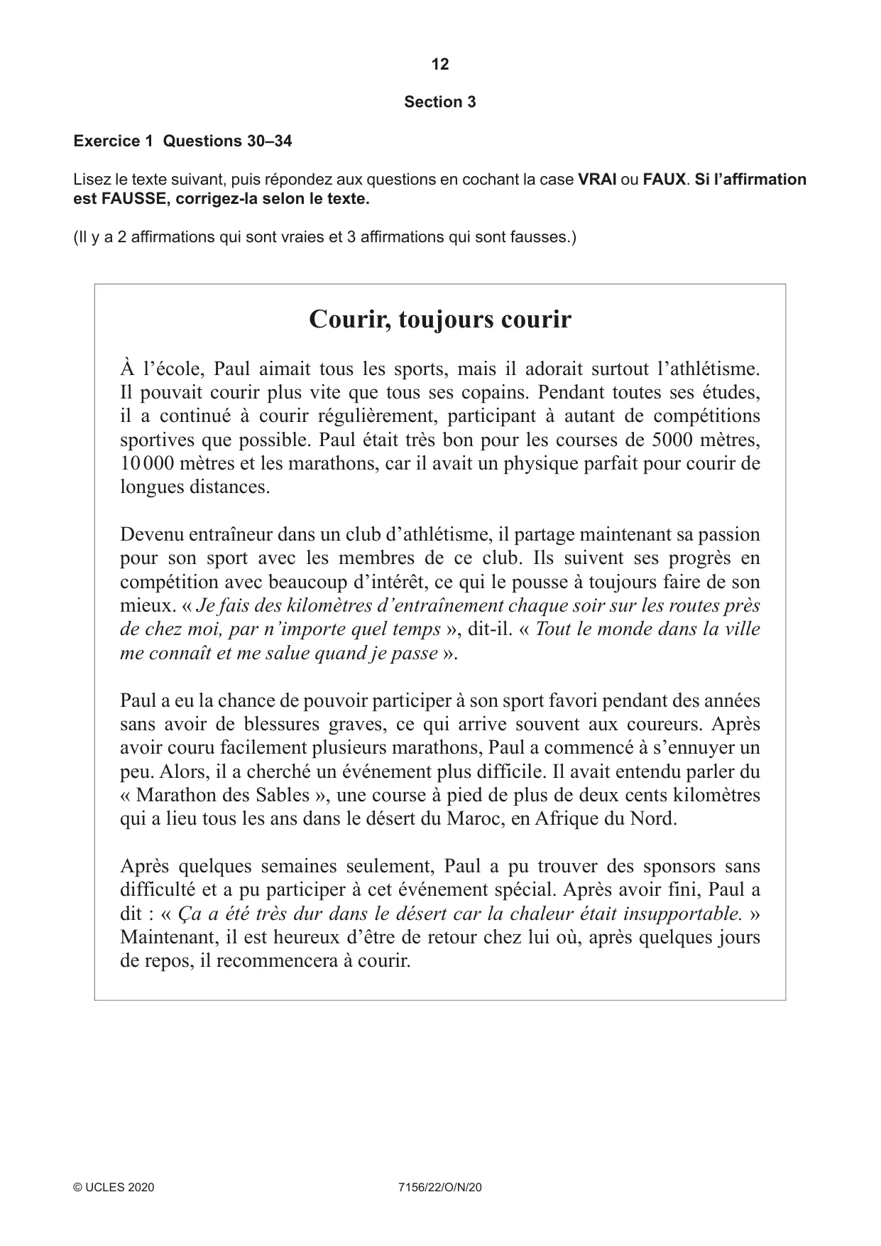 Cambridge IGCSE French (9-1) 7156 2020 Oct/Nov Paper 2 · Variant 2 question paper, page 12 of 16