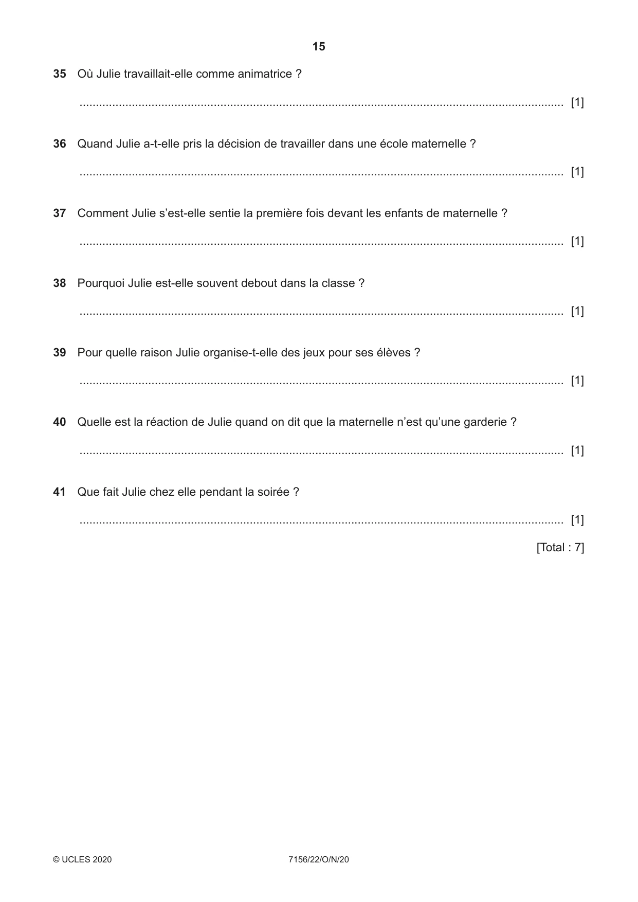 Cambridge IGCSE French (9-1) 7156 2020 Oct/Nov Paper 2 · Variant 2 question paper, page 15 of 16