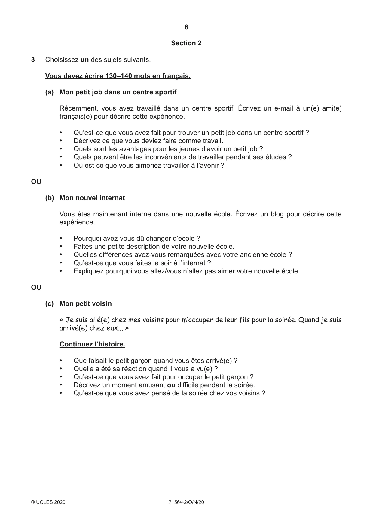 Cambridge IGCSE French (9-1) 7156 2020 Oct/Nov Paper 4 · Variant 2 question paper, page 6 of 8