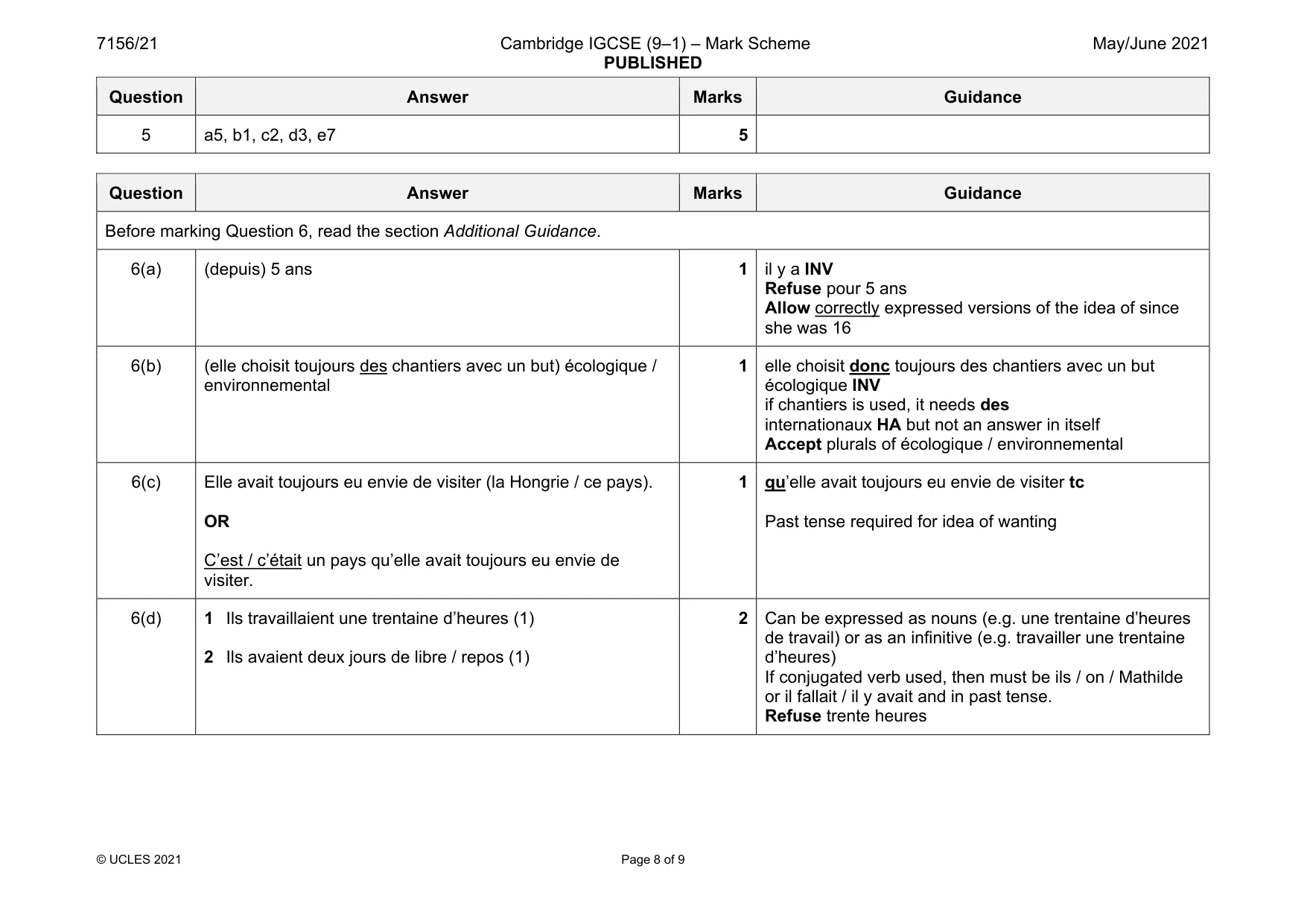 Mark scheme, page 8 of 9