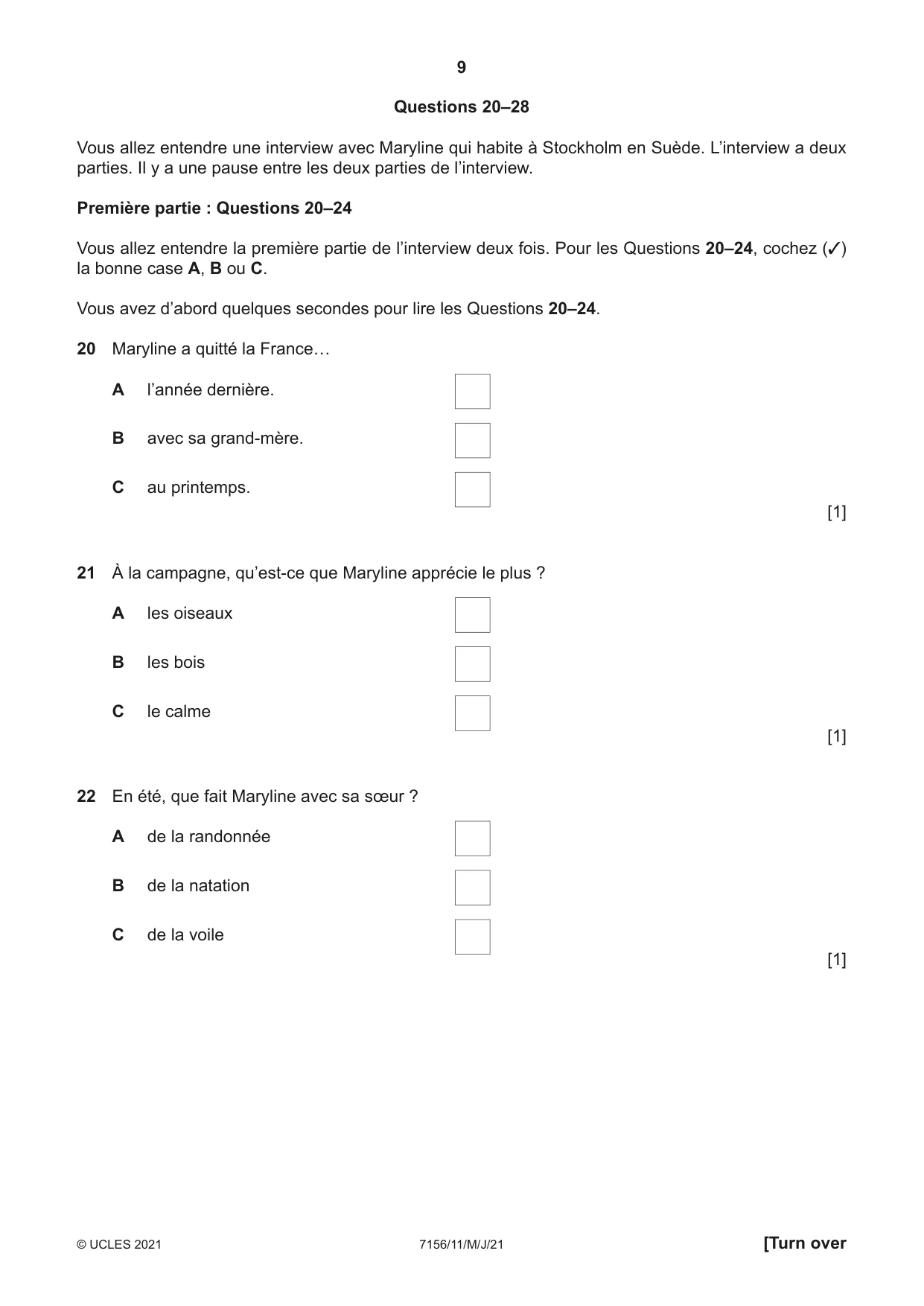 Cambridge IGCSE French (9-1) 7156 2021 May/June Paper 1 · Variant 1 question paper, page 9 of 16