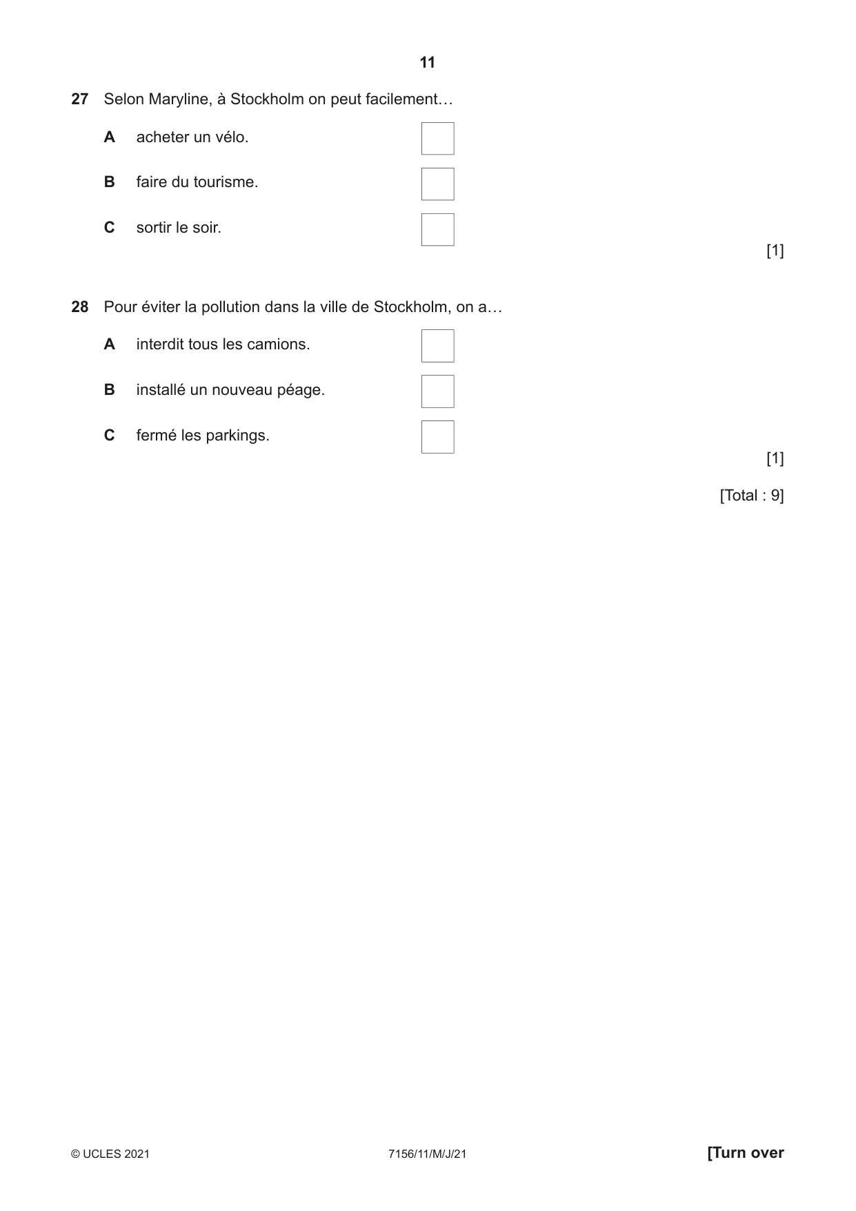 Cambridge IGCSE French (9-1) 7156 2021 May/June Paper 1 · Variant 1 question paper, page 11 of 16