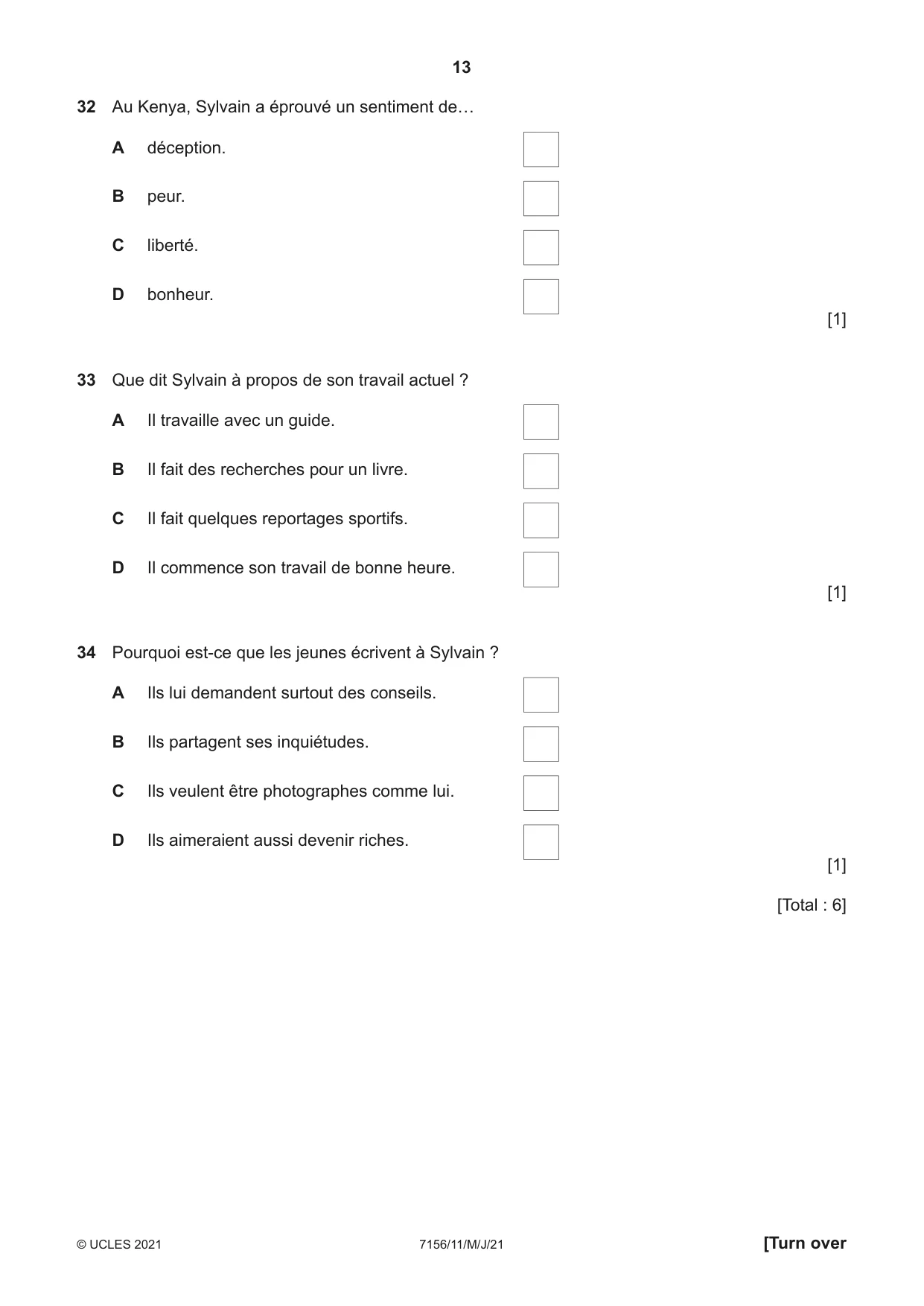 Cambridge IGCSE French (9-1) 7156 2021 May/June Paper 1 · Variant 1 question paper, page 13 of 16