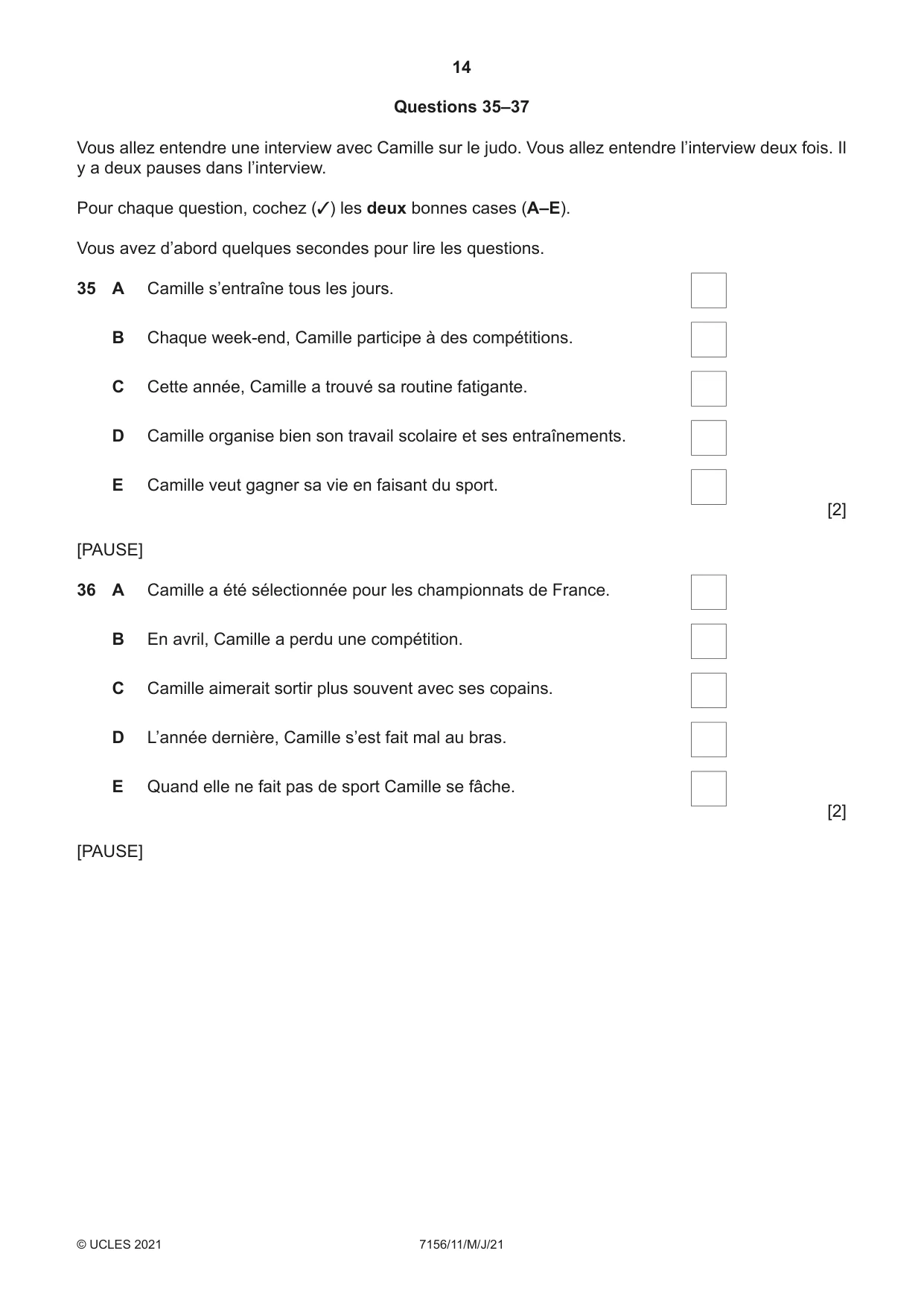 Cambridge IGCSE French (9-1) 7156 2021 May/June Paper 1 · Variant 1 question paper, page 14 of 16