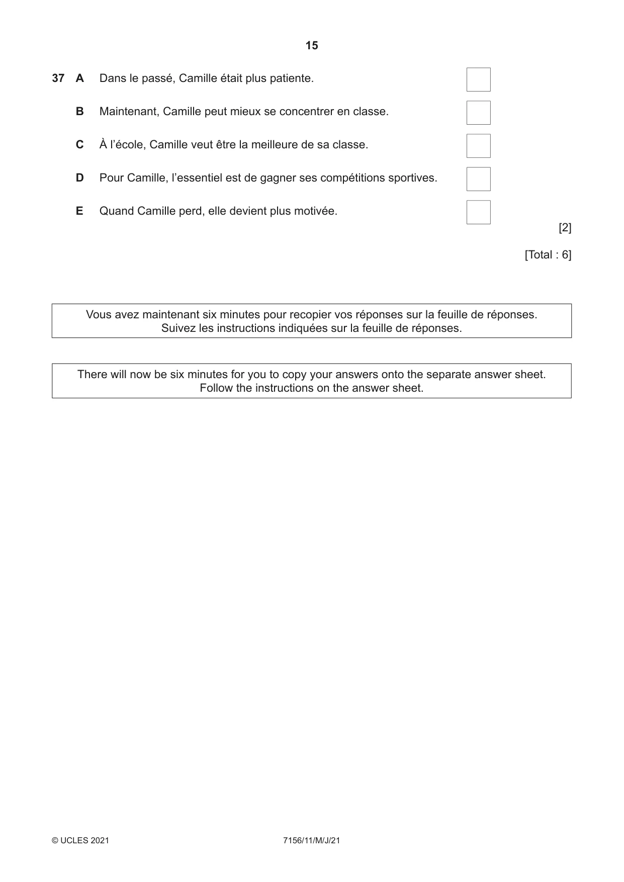 Cambridge IGCSE French (9-1) 7156 2021 May/June Paper 1 · Variant 1 question paper, page 15 of 16