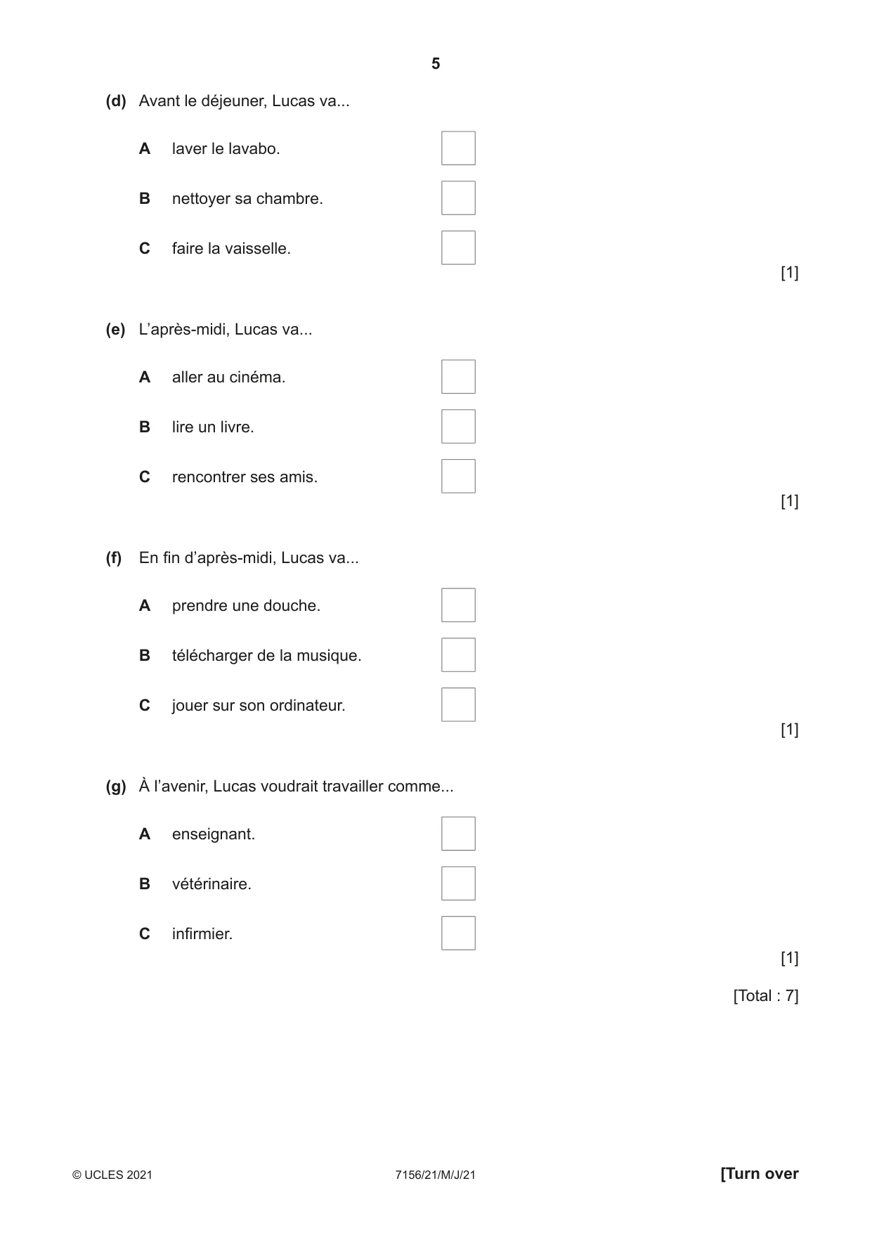 Cambridge IGCSE French (9-1) 7156 2021 May/June Paper 2 · Variant 1 question paper, page 5 of 12