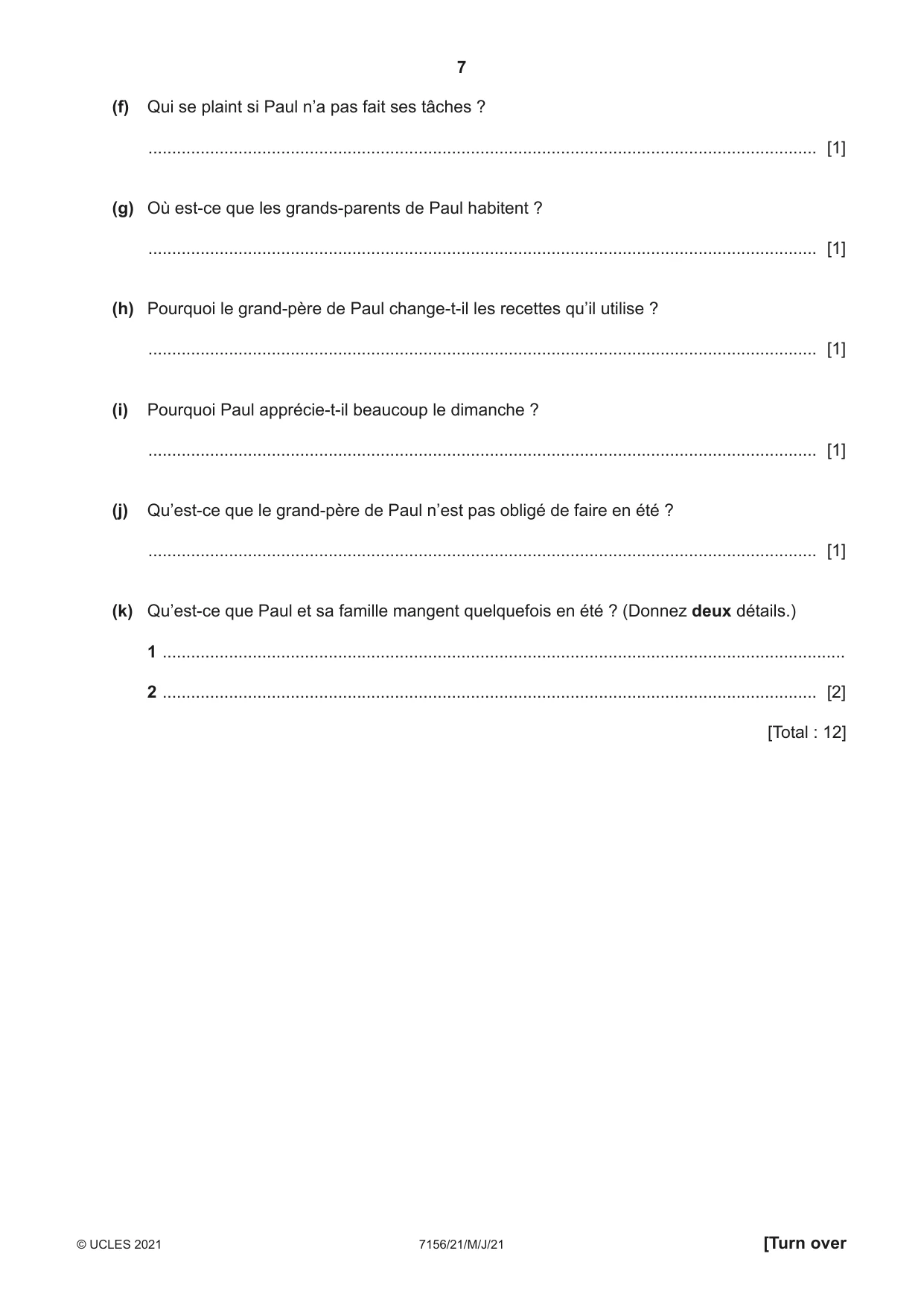 Cambridge IGCSE French (9-1) 7156 2021 May/June Paper 2 · Variant 1 question paper, page 7 of 12