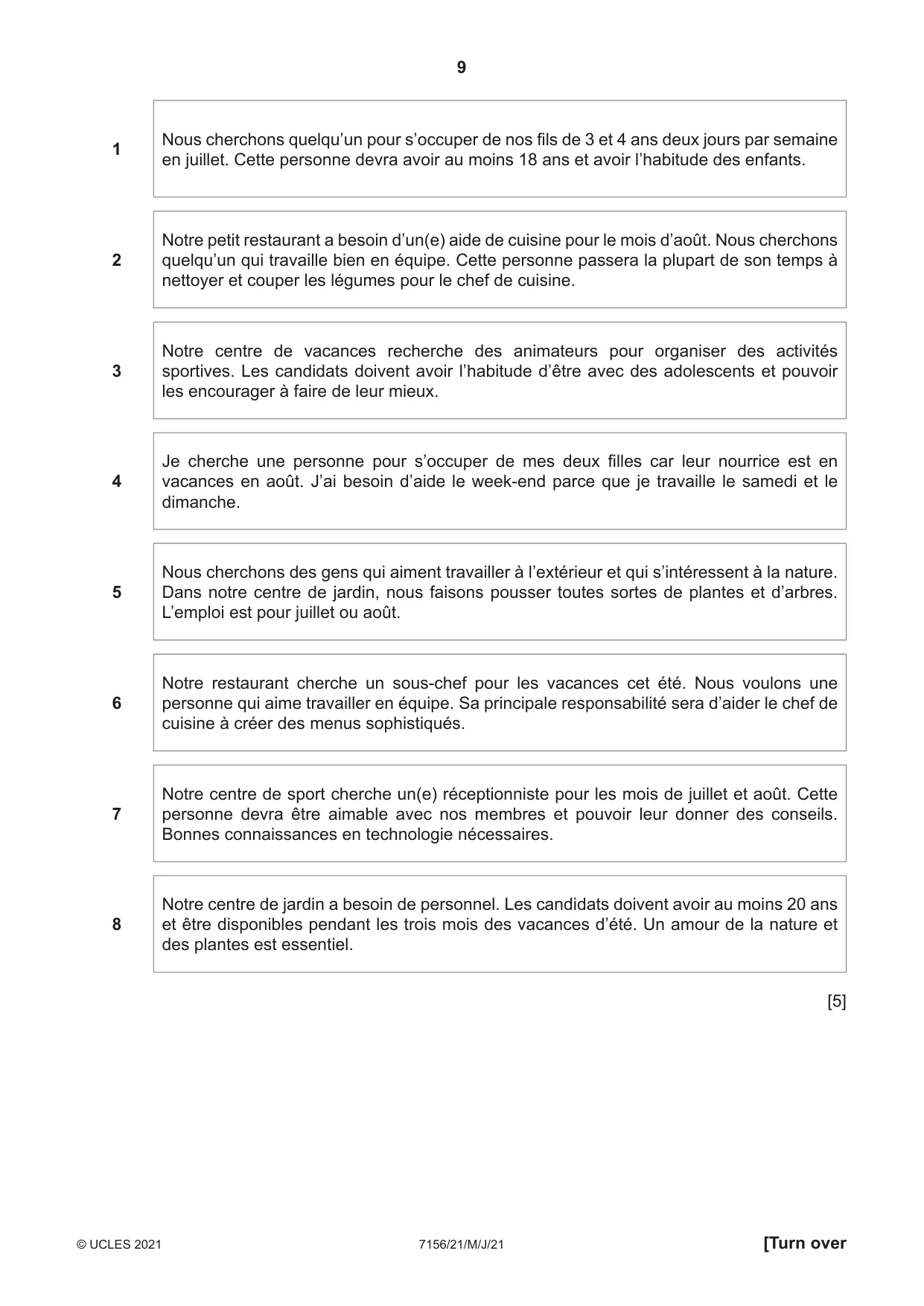 Cambridge IGCSE French (9-1) 7156 2021 May/June Paper 2 · Variant 1 question paper, page 9 of 12